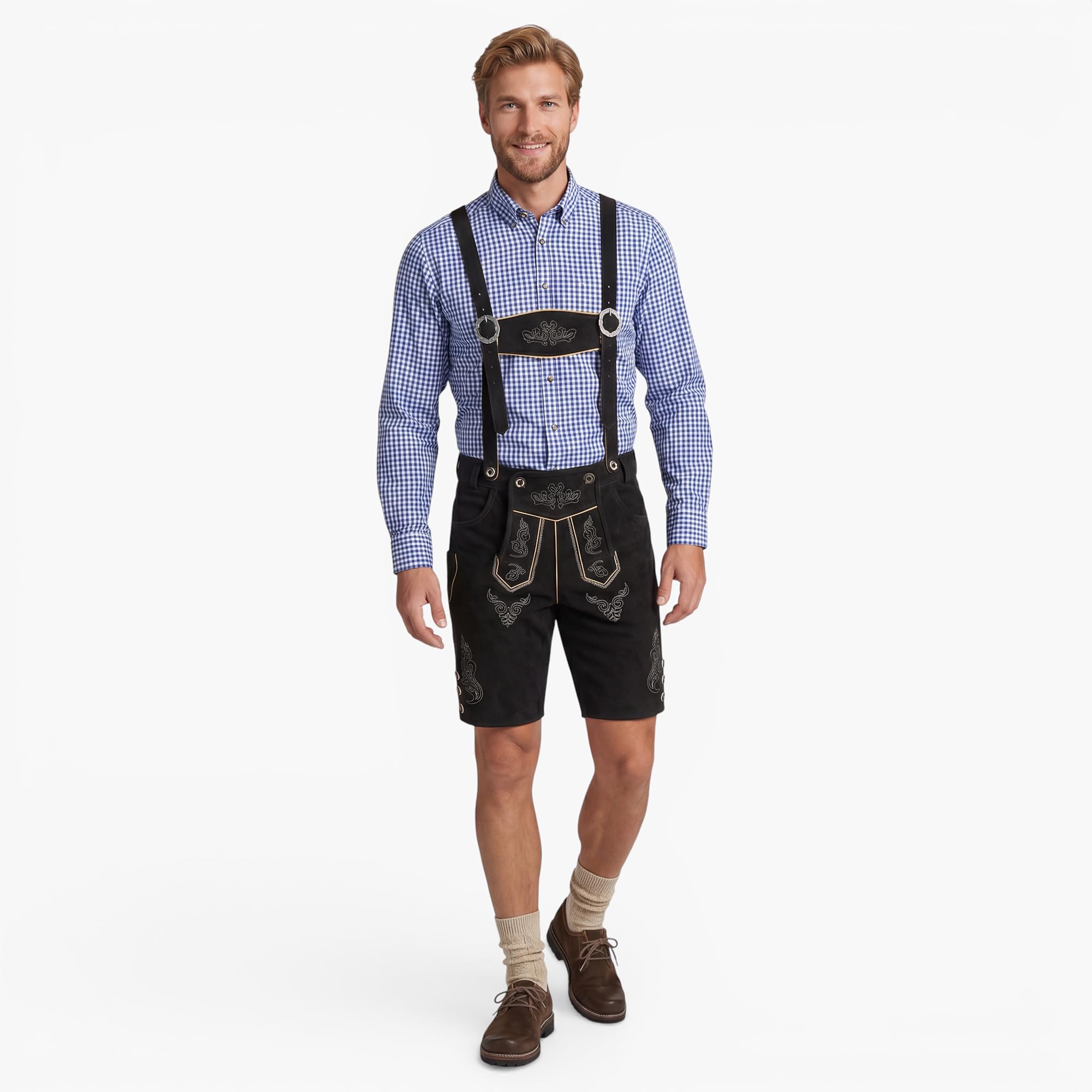 Bohmberg Męskie spodnie skórzane krótkie, czarne, z szelkami, bawarskie spodnie ludowe na Oktoberfest