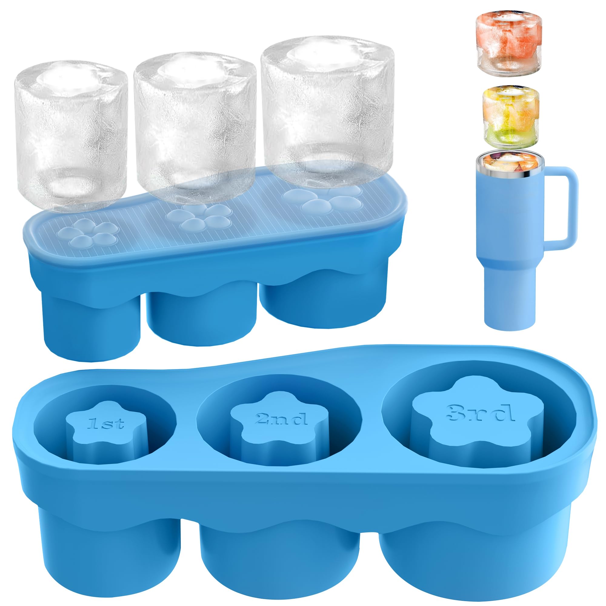 Coomee Ice Cube Tray for Tumbler Cup 20-40 Oz, 3 Sizes Silicone Cylinder Ice Mold with Lid for Freezer, Easy Fill and Release Ice Cube Maker for Drinks, Coffee, Whiskey, Cocktail (Blue)
