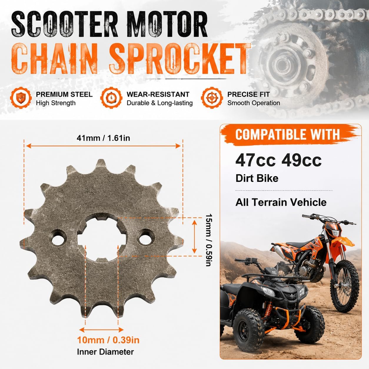 4PCS T8F Motor Chain Sprocket Set, 15T 13T 11T 9T H Hole Pinion, for 47cc 49cc Dirt Bike ATV Scooter