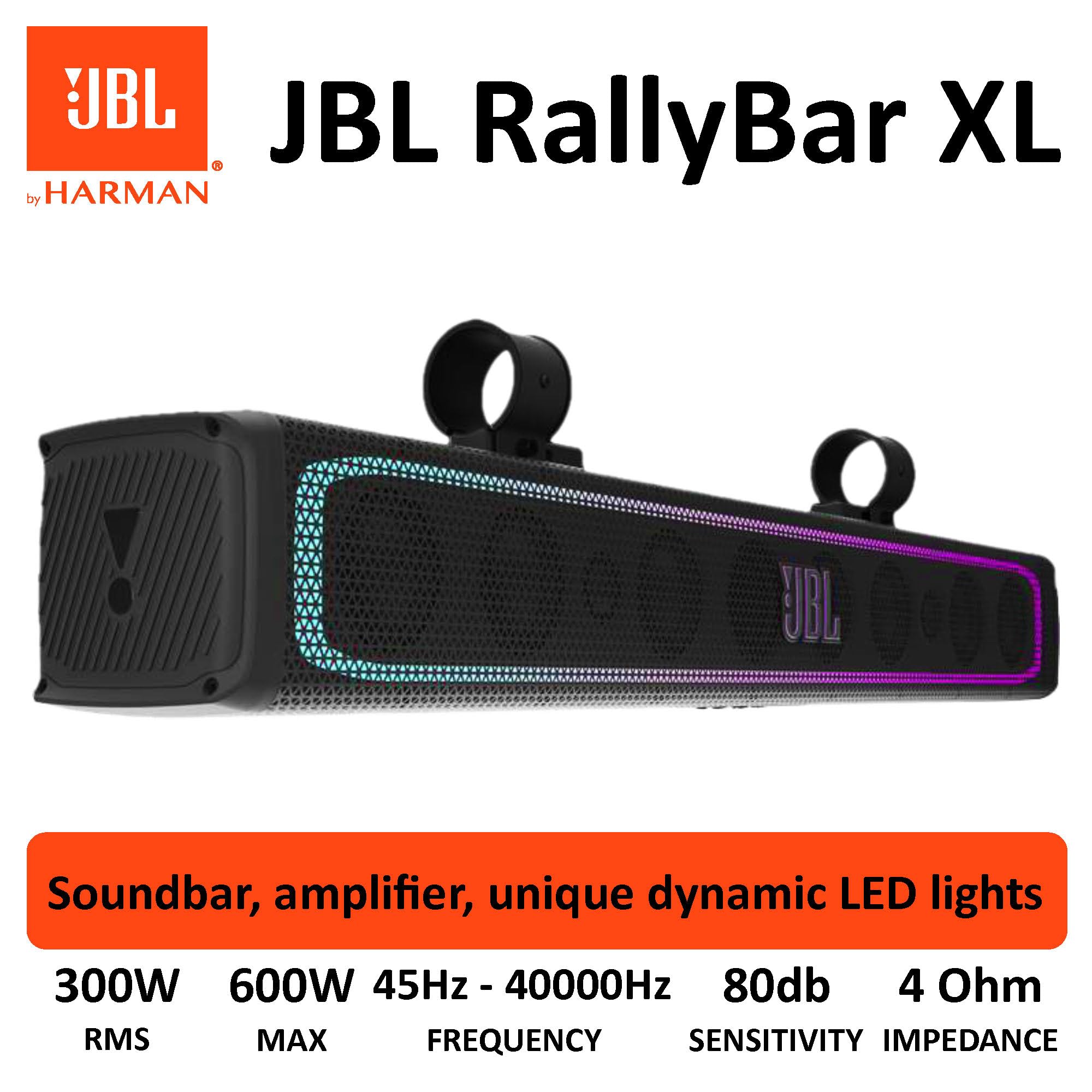 JBL Enceinte RallyBar XL 35" - Barre de Son Bluetooth Universelle d'extérieur pour Véhicules et Bateau Marine avec 14 Haut Parleur étanches, 300W rms amplifié, éclairage LED, Son Pro et Subwoofer