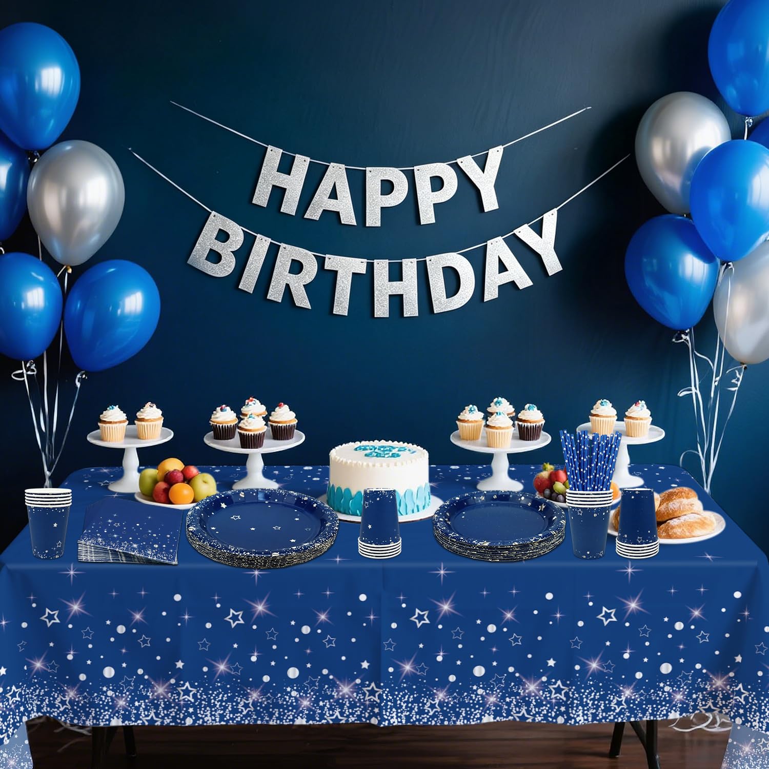 Decorazioni per feste di compleanno, blu navy e argento, per feste, include piatti, bicchieri, tovaglioli, tovaglie, cannucce, 20 pezzi