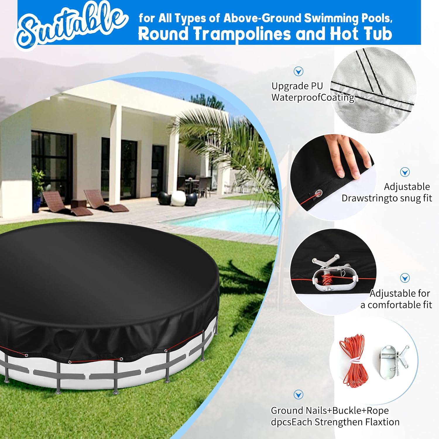 Teruntrue 14Ft Round Pool Cover for Above Ground Pool Cover, Swimming Pool Cover Oxford Fabric Pool Covers with Accessories, Waterproof, Keeps Out Debris, Winter Pool Cover (Black)