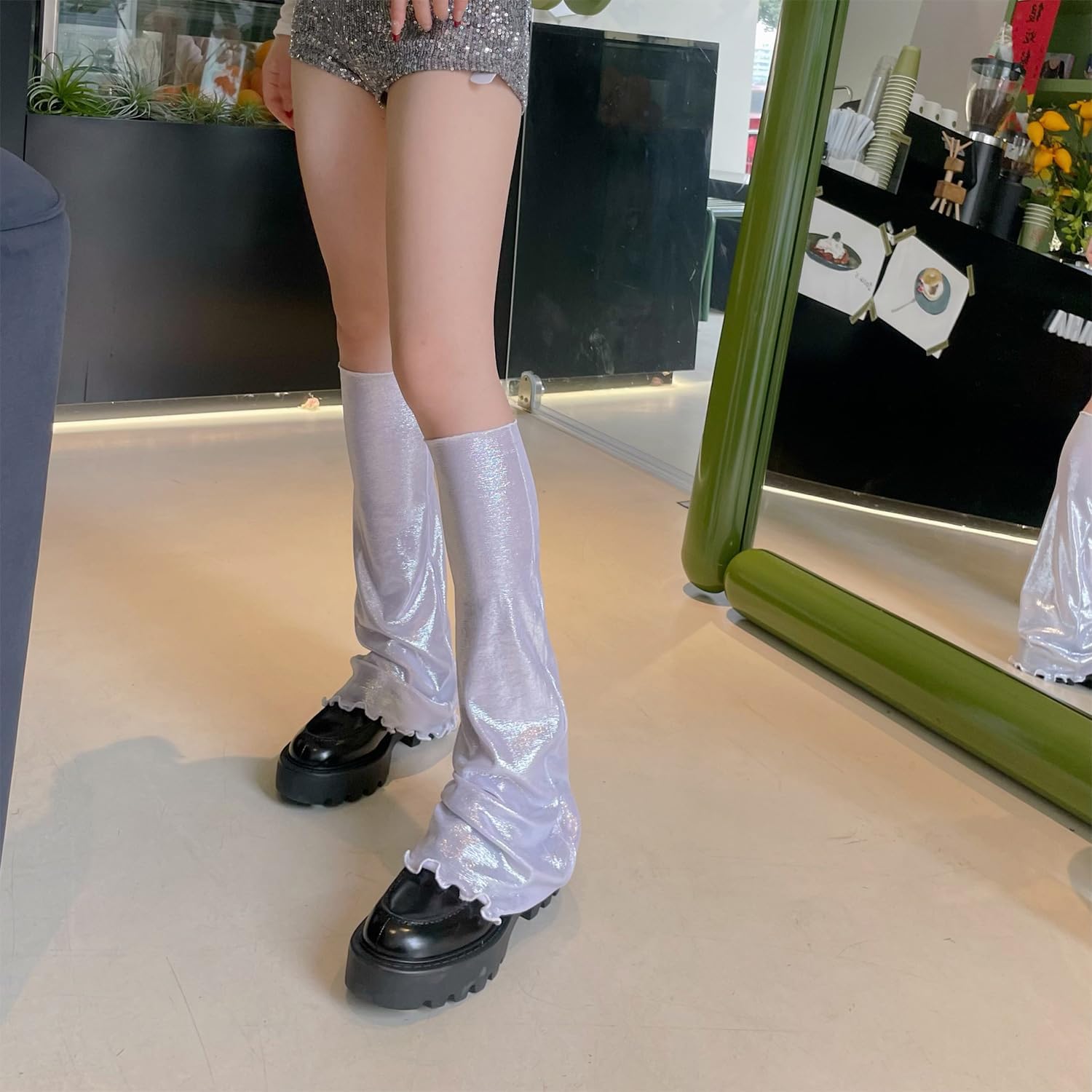 Triplewood Summer Stretchy Flared Leg Warmers Sparkle Y2K Leg Sleeves for Women, Thin Breathable Rave Leg Socks