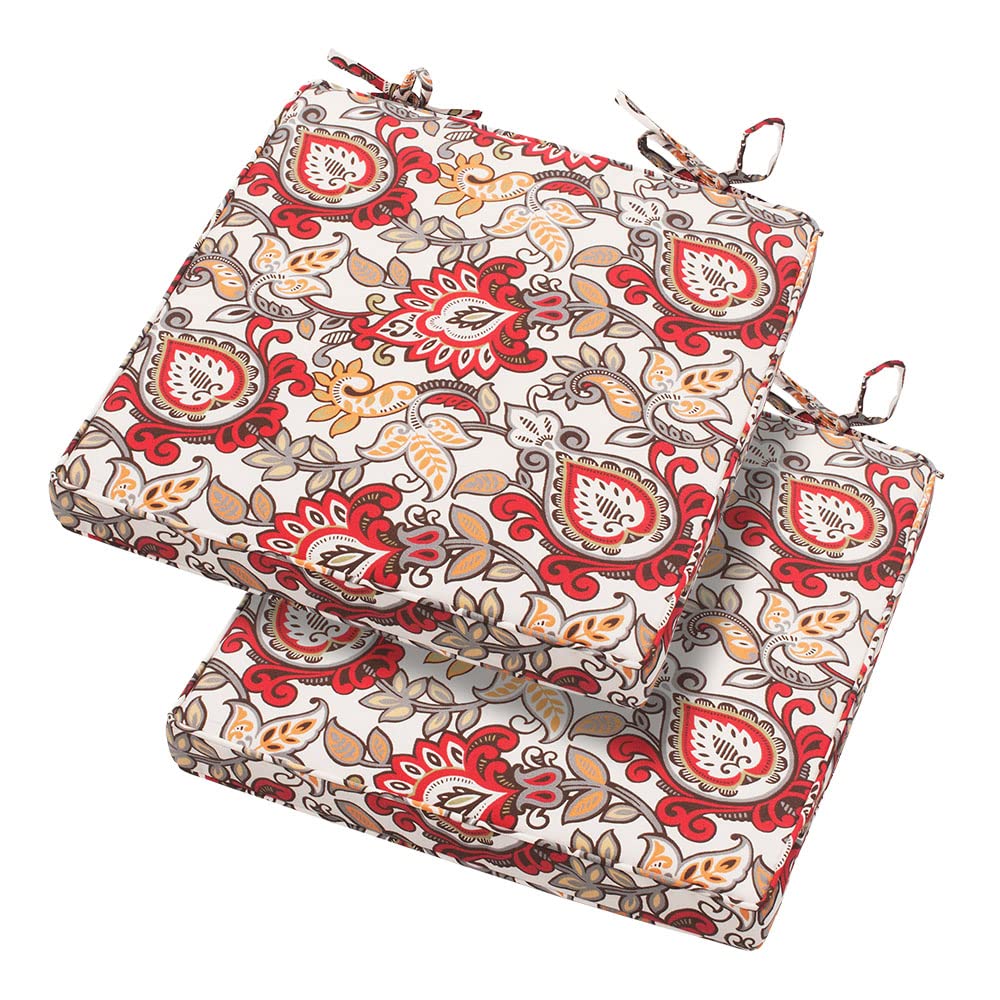 Magpie Fabrics Patio Square Chair Cushions 24"x24”x2.5" with Ties, 2 Pack, Waterproof Weather Resistant Indoor/Outdoor Universal Corner Seat Cushion, for Garden Dining Office(Botanical Red Orange)