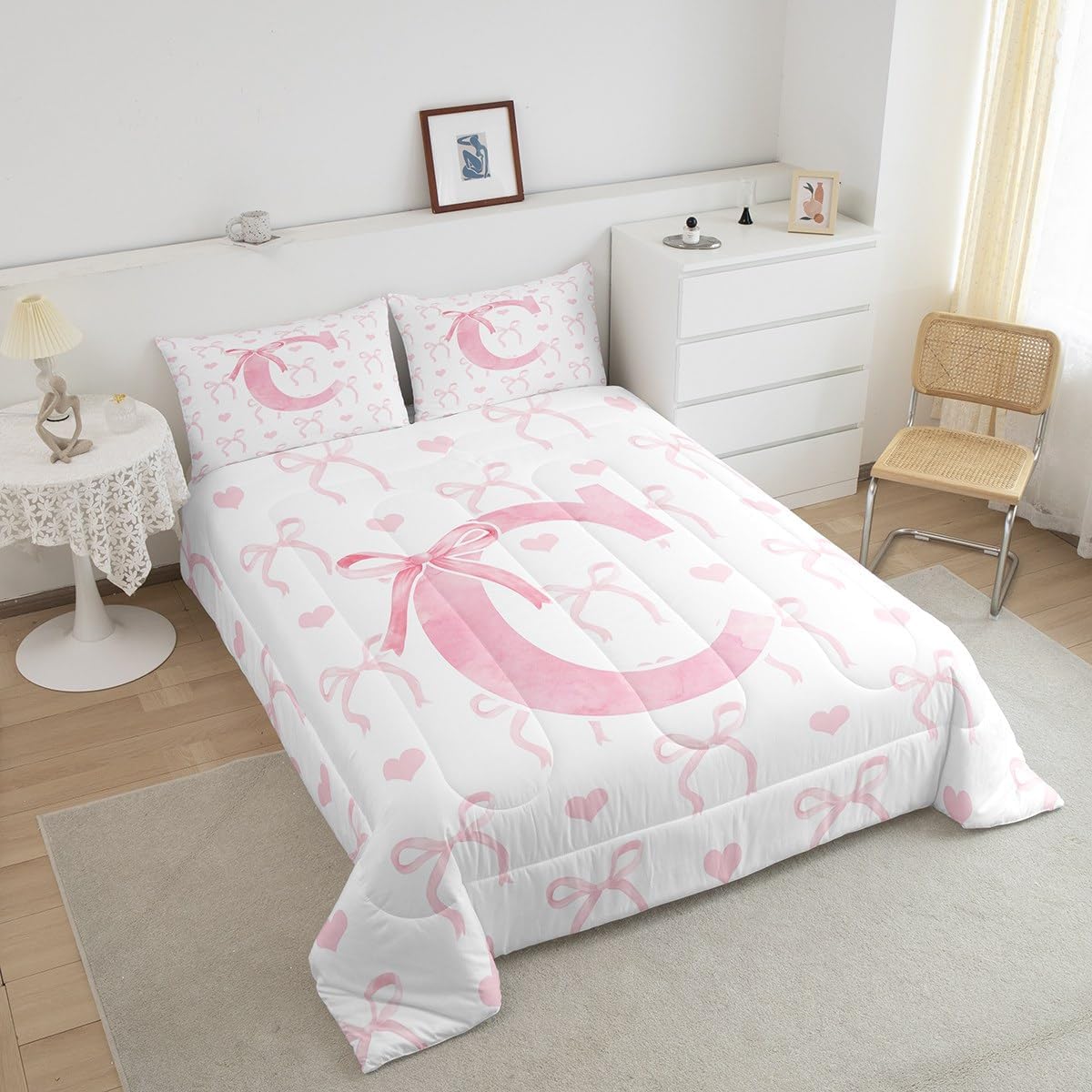 Erosebridal Cartoon Pink Bow Twin Size Comforter Set, Dreamy Princess Girly Bedding Set, Kawaii Monogram C Butterfly Knot Comforter for Kids Girls Women Bedroom, Lovely Love Heart Quilt