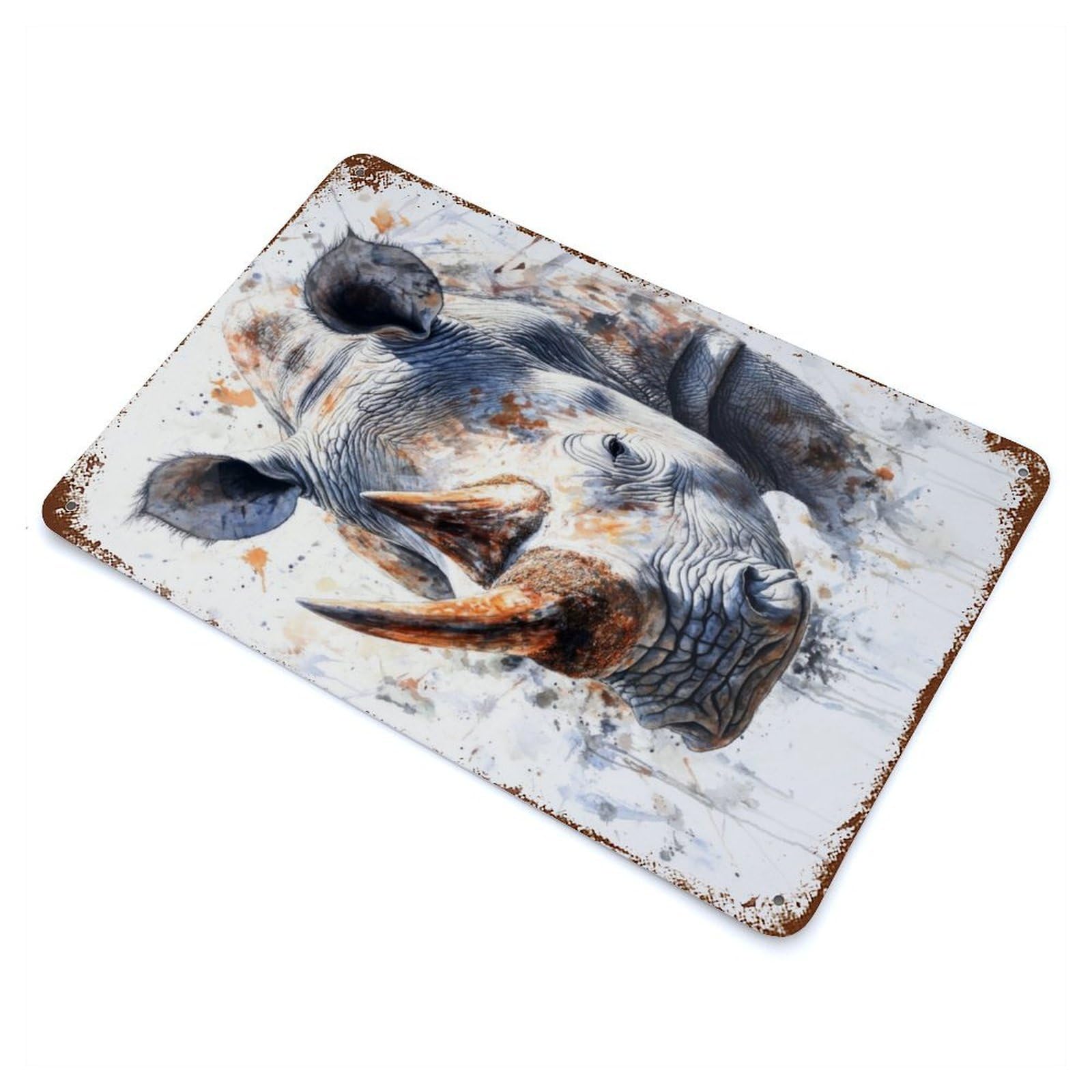 White Rhino Watercolor Retro Metal Sign 11.8"x7.9", Vintage Wall Decor for Garage, Pub Or Kitchen