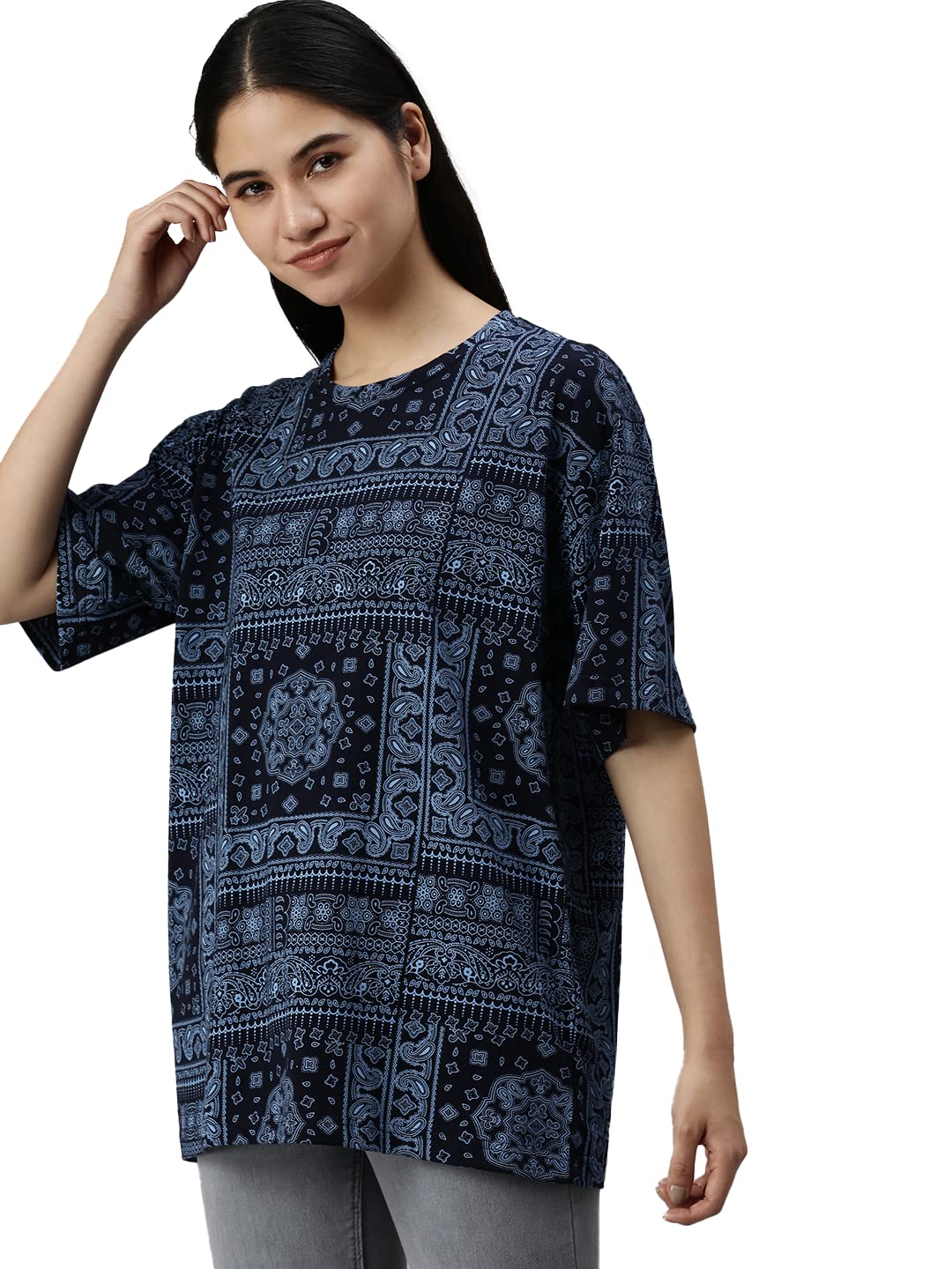 veirdo Multicolour Oversized Cotton Crew Neck T-Shirt with Bandana Print for Women-picture-11