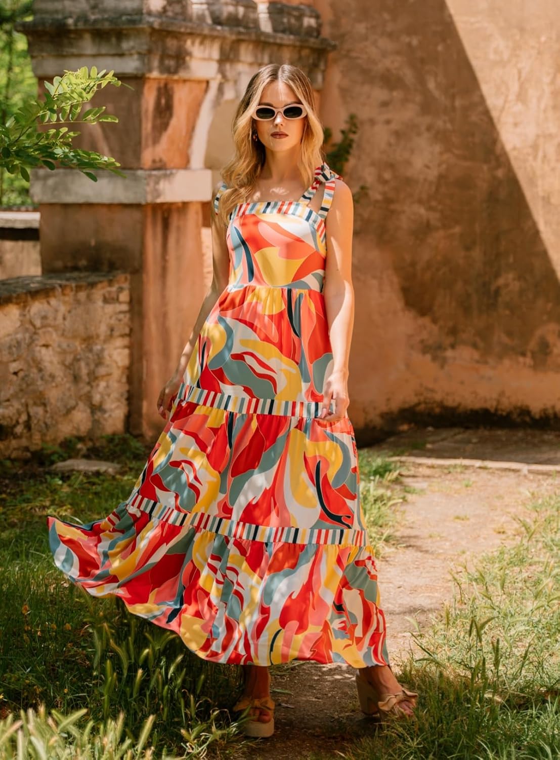 AlvaQ Women's 2025 Summer Sleeveless Floral Print Maxi Dress Strap Square Neck Beach Sun Dress - Image 3