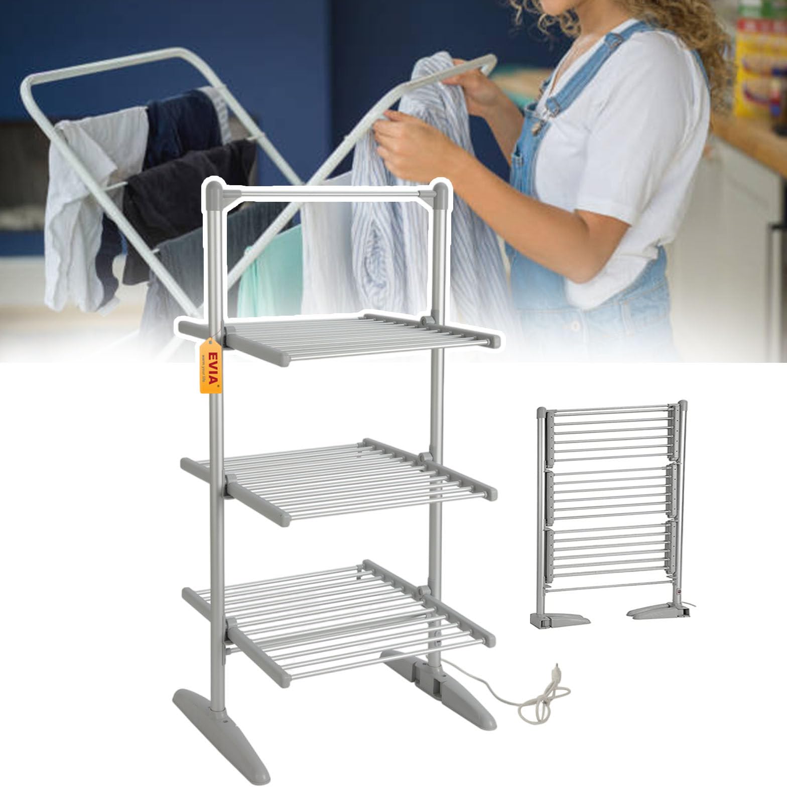 Stendibiancheria Elettrico A 3 Livelli,Pieghevole,Stendibiancheria Salvaspazio,Stendibiancheria Riscaldato,per Vestiti, Asciugamani,Biancheria,Interno/Esterno