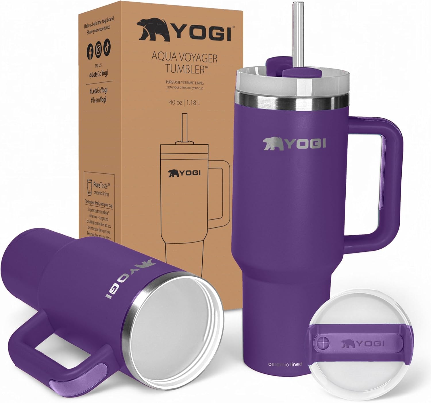 YOGI Ceramic Lined Tumbler with Handle and Straw Lid, Stainless Steel Travel Mug & Water Tumbler, Vacuum Sealed Cup with Handle