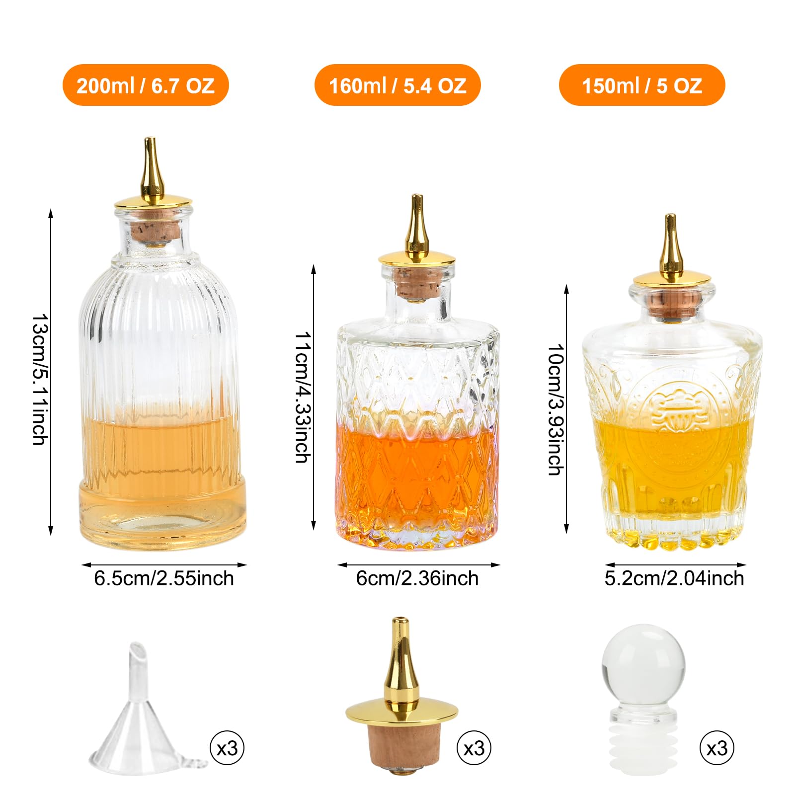 Lot de 3 bouteilles en verre vintage avec bec verseur en métal et bouchons d'étanchéité, distributeur de sirop de café pour café, kit de fabrication de cocktails et distributeur d'huile