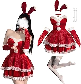 [RAAUUNE] サンタ コスプレ6点セット S-XLワンピース 白網タイツ バニーガール サンタクロース 兎耳 ウサギ カチューシャ クリスマス サンタコスチューム ミニスカ 日常 室内 舞台 演出服 イベント 仮装 忘年会 文化祭 新年会...