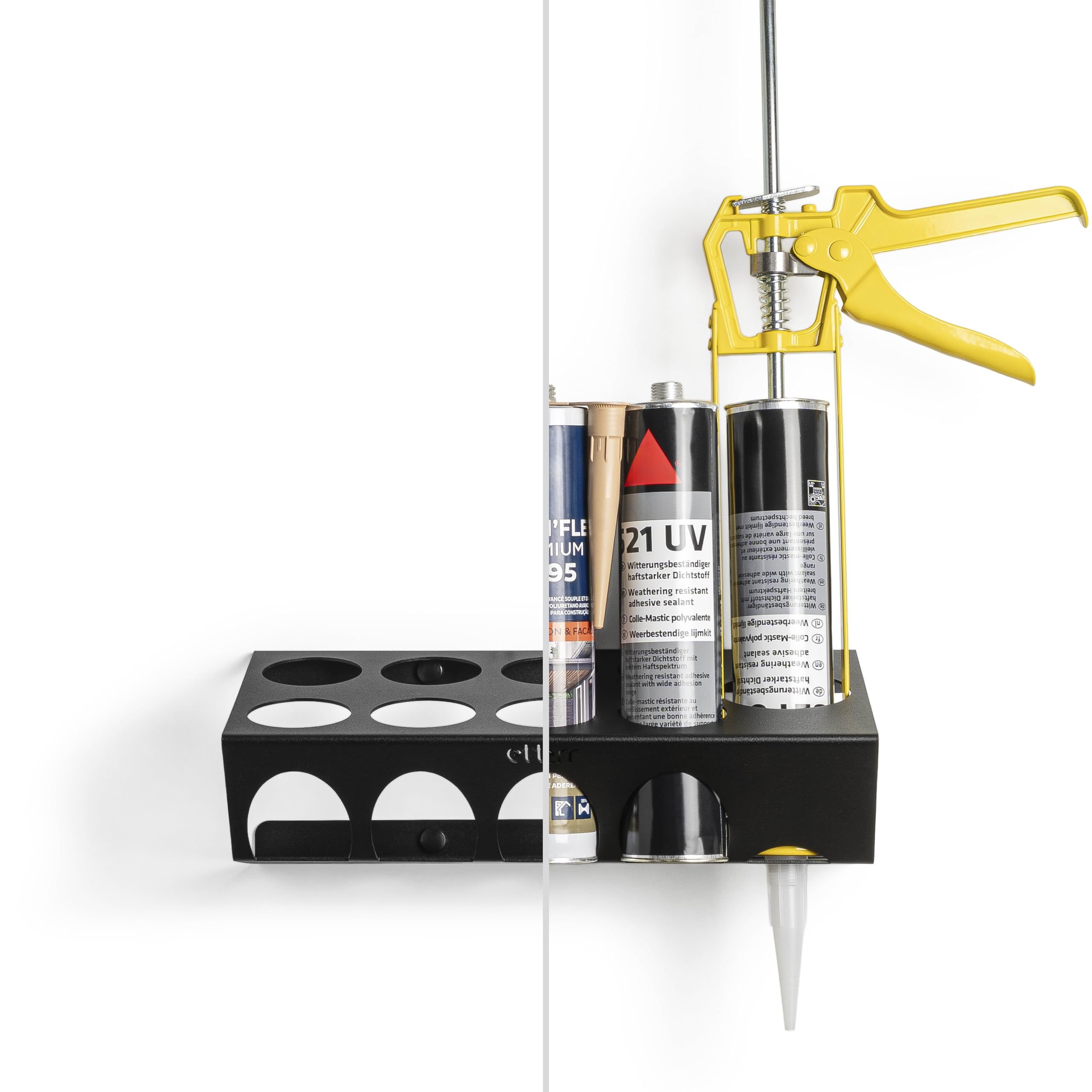 Supporto a Parete per Cartucce di Silicone e Pistola | 8 Vani + 1 Pistola | 100% Acciaio Rinforzato | Organizzatore Mensola Scaffale per Officina, Garage, Furgone | Fabbricato in Europa |