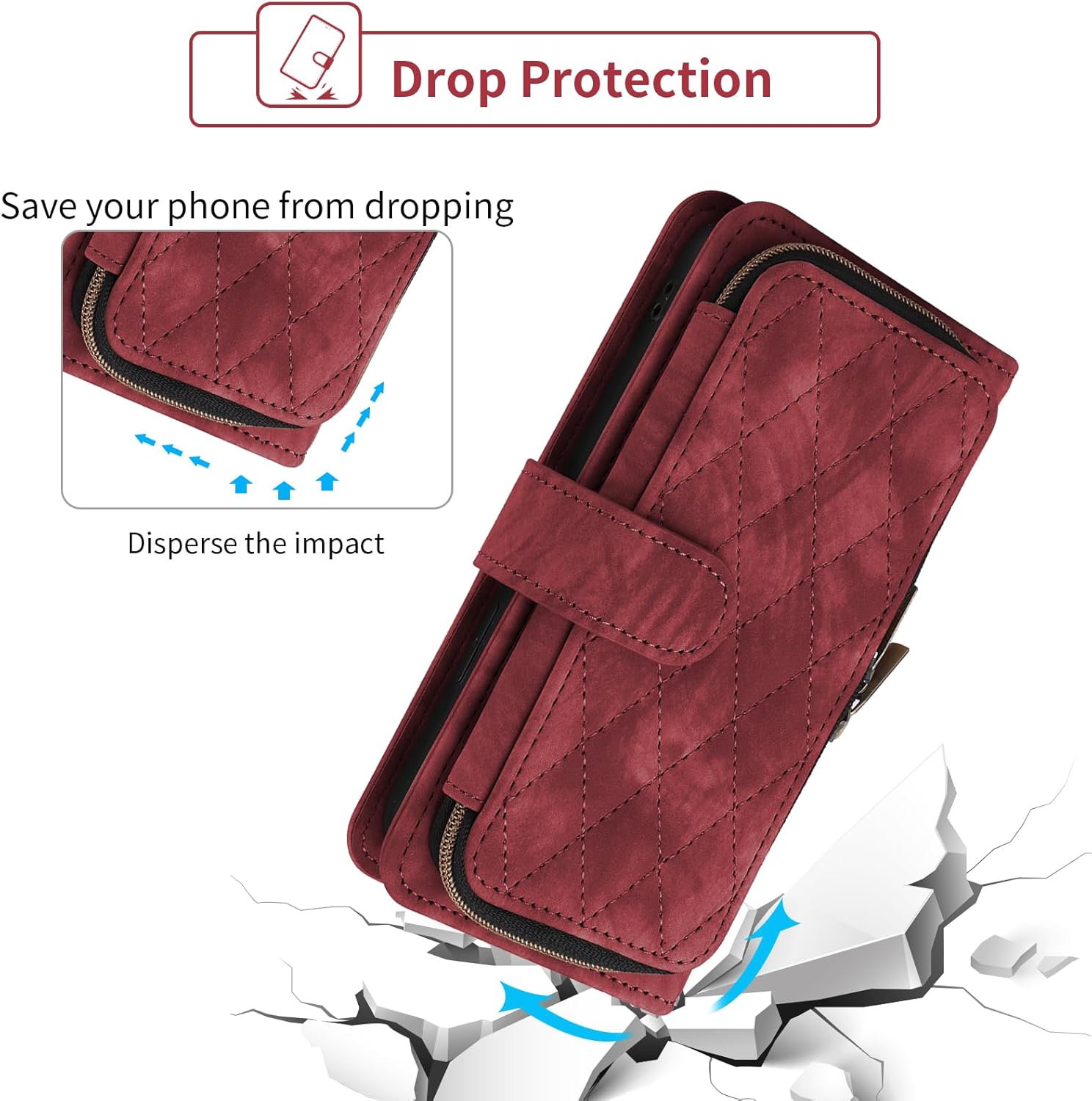 Phone Case for Samsung Galaxy S23 5G Wallet Cell Cover with Tempered Glass Screen Protector Crossbody Lanyard Strap Flip Stand Zipper Purse Card Holder S 23 23S GS23 G5 SM-S911U 6.1 inch Women Men Red