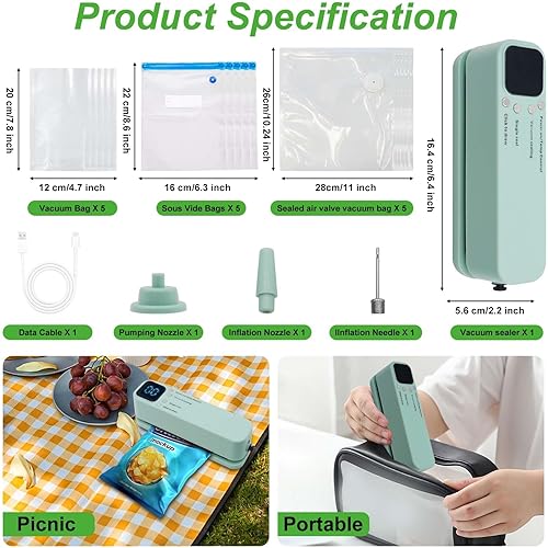 Miniatura 2 de Potente sellador al vacío 3 en 1, sellador al vacío compacto para alimentos, automático con un solo toque, control de temperatura y temporizador