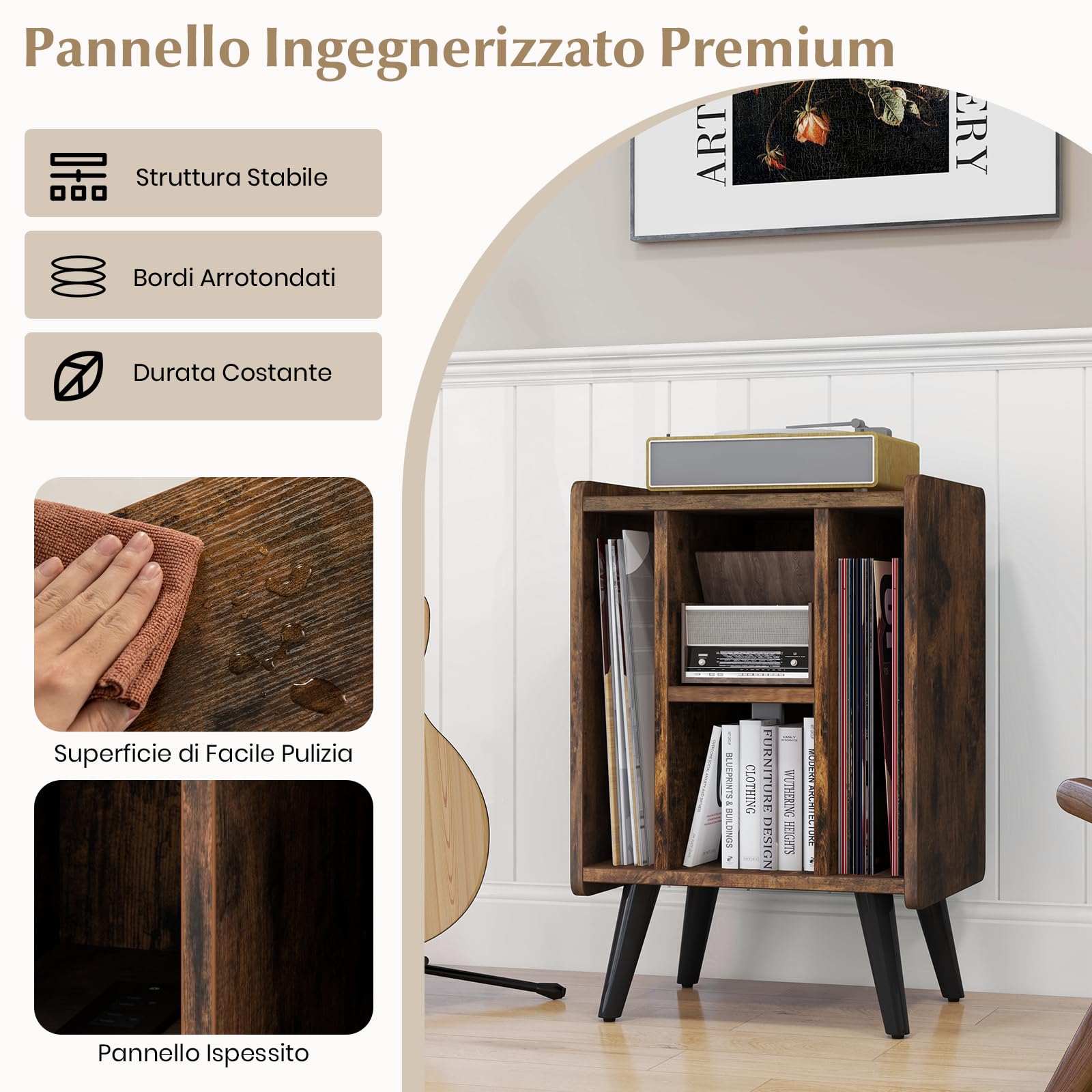 RELAX4LIFE Supporto per Giradischi con Stazione di Ricarica, Porta Vinili con 4 Scomparti Aperti, Espositore per Dischi, Carico Max 90kg per Ufficio, Studio, Camera da Letto (Marrone)