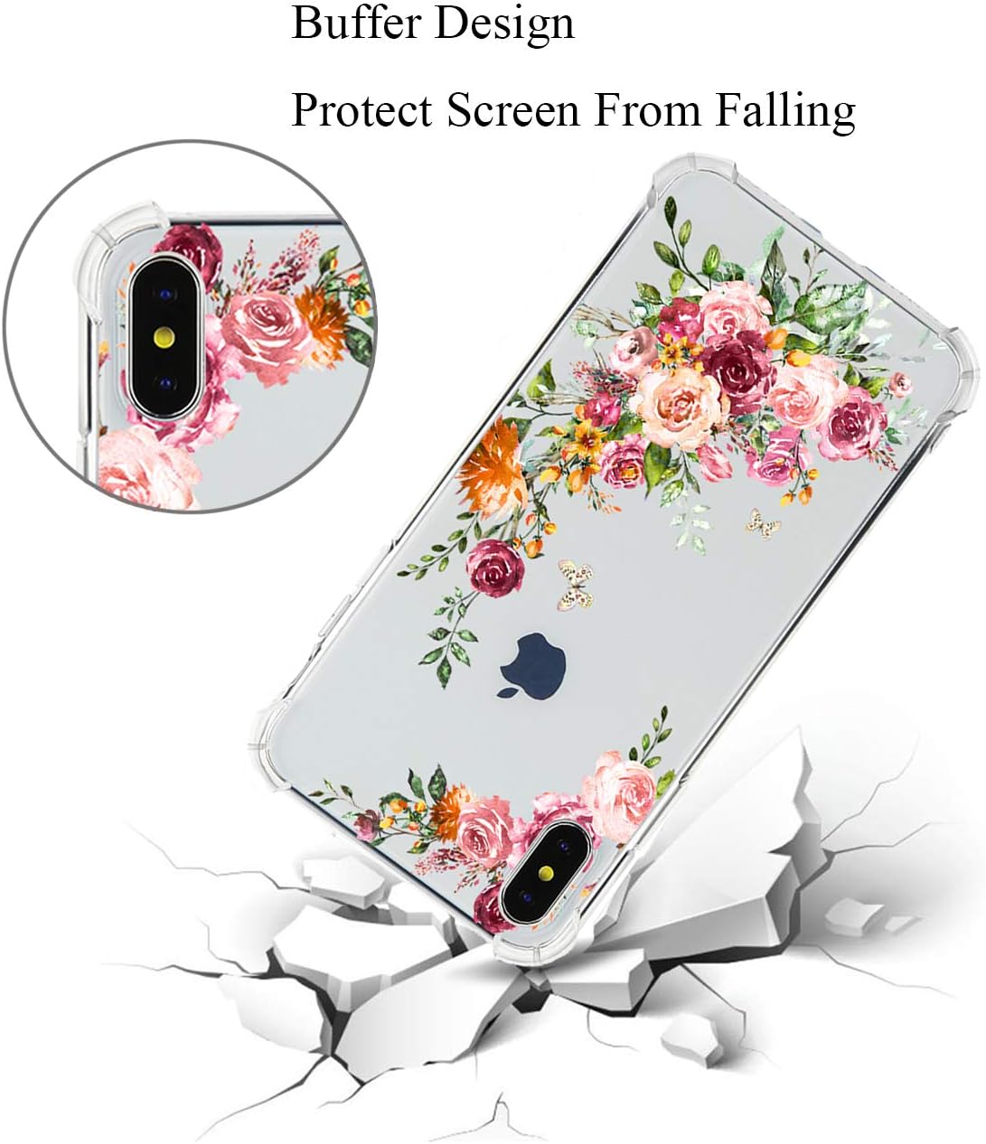 iPhone Xs Max Case Floral Pattern Clear Thin Soft TPU Slim Flexible Shockproof Bumper Phone Cases for Women Girls-Pink Rose Butterfly[6.5"]