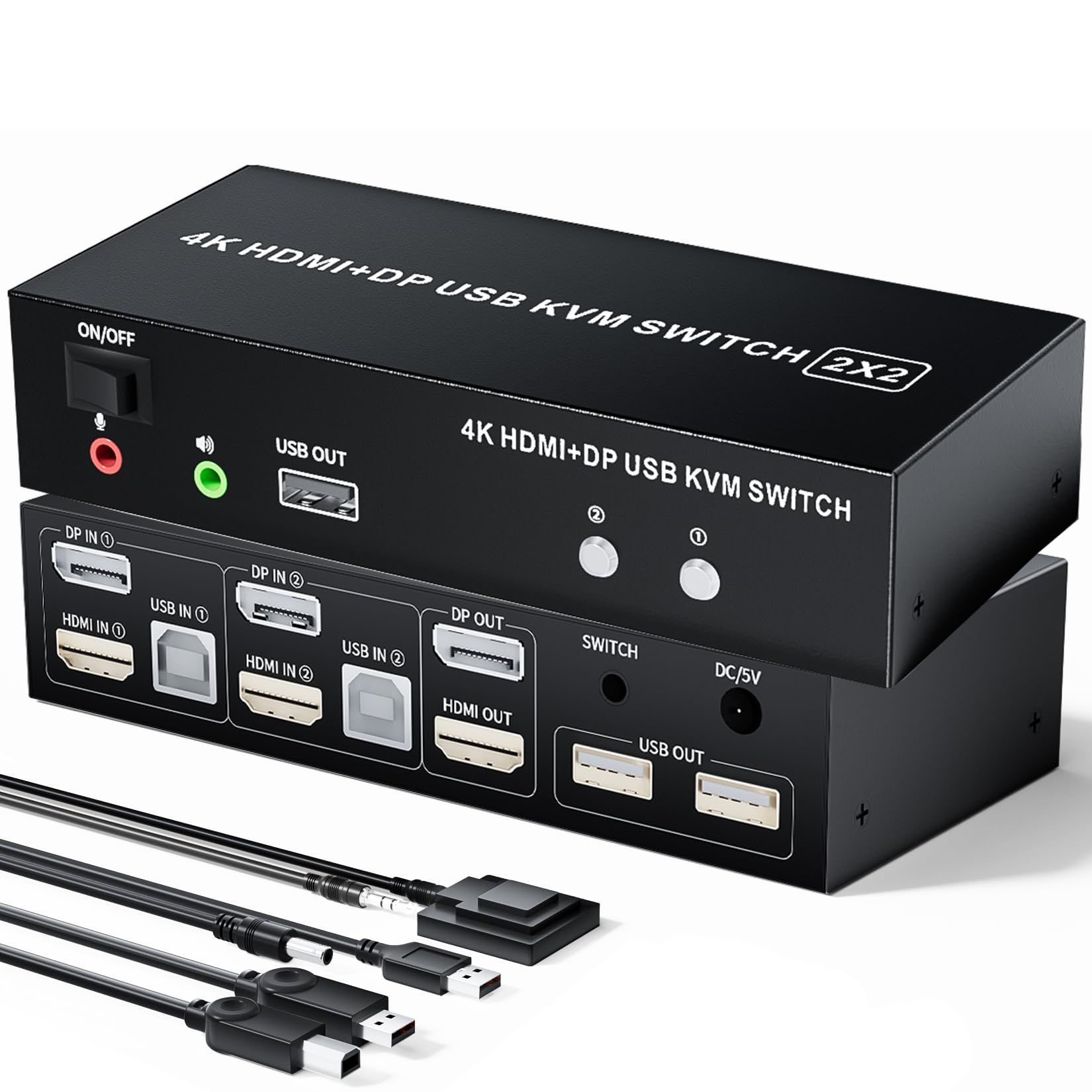 HDMI Displayport KVM Switch 2 Computer 2 Monitor 4K@60Hz 2 Porte HDMI+DP KVM Switch Dual Monitor con 4 Hub USB 2.0, Dual Monitor Displayport KVM 2PC Condividi 1 Set di tastiera, mouse e 2 monitor