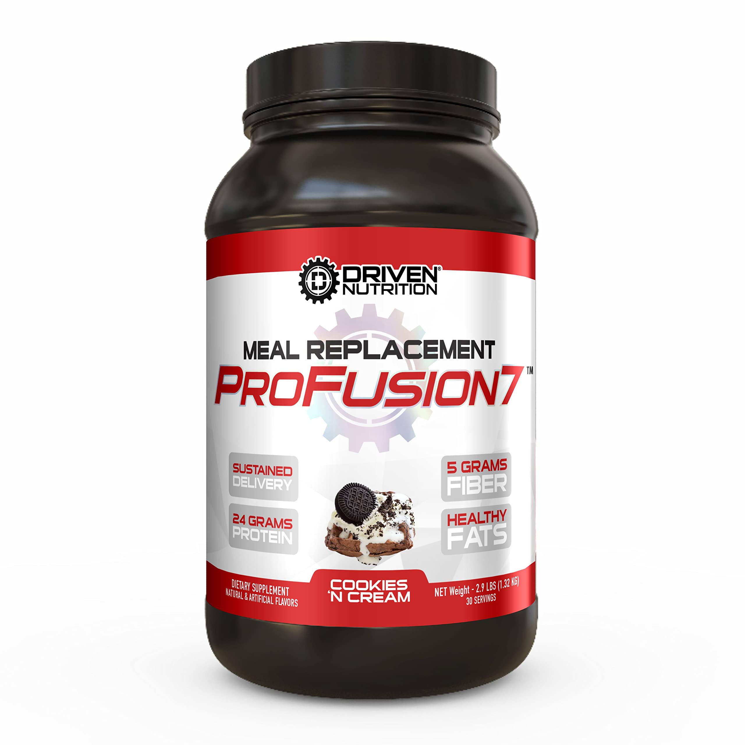 Driven Pro Fusion 7 Meal Replacement Powder - Men & Women, 3 lbs - 24g Protein Per Serving, Digestive Enzymes & MCT Oil - Gluten-Free - On-The-Go Energy & Supports Muscle Mass - Cookies 'N Cream