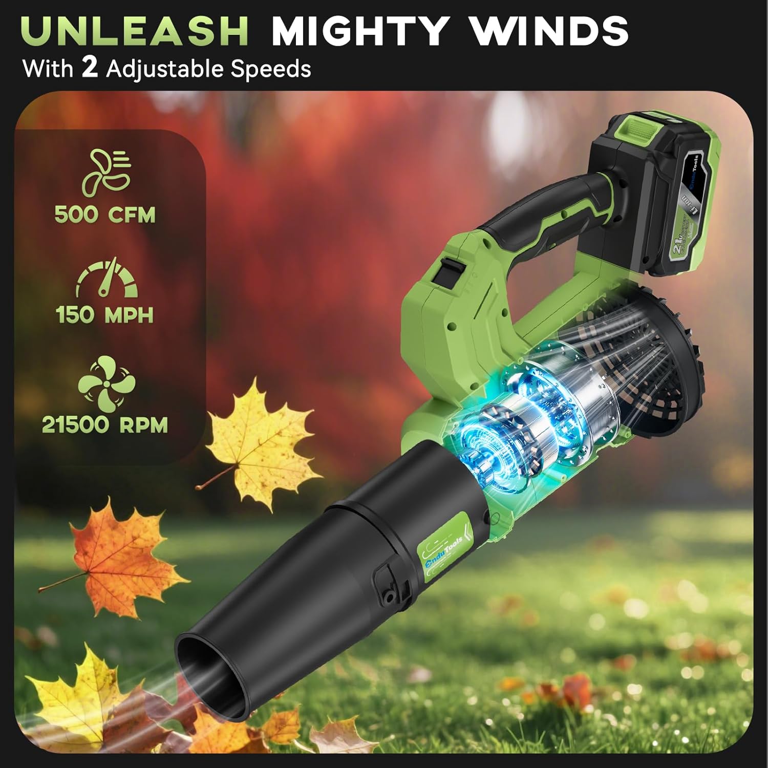 Leaf Blower Cordless - 650 CFM 150 MPH Electric Leaf Blower with 2 x 4.0Ah Batteries & Fast Charger, 2-Speed Settings, Lightweight Battery Leaf Blowers for Lawn Care, Patio, Dust(Green) - Image 2