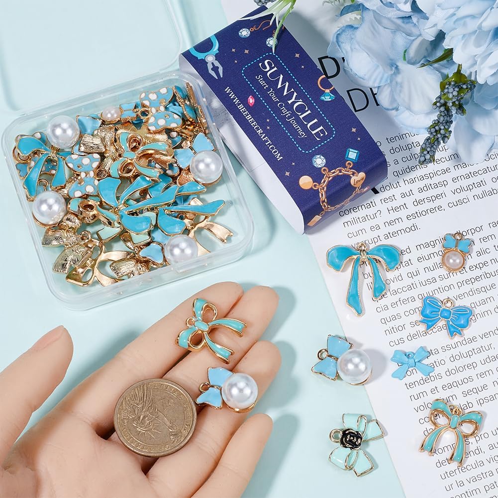 SUNNYCLUE 1 Box 54Pcs 9 Styles Bowtie Charms Bow Charm Bulk Enamel Alloy Small Blue Lovely Lolita Pearl Bowknot Charms for Jewelry Making Charms Diy Necklaces Bracelets Earrings Valentine Gifts Women - Image 3