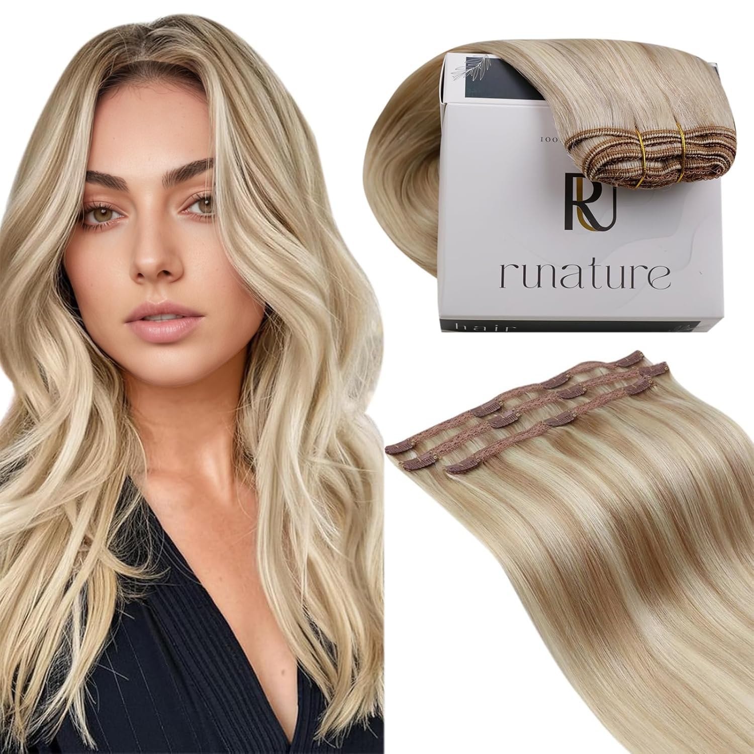 RUNATURE Blonde Clip in Hair Extensions, Real Human Hair Clip in Extensions Short Straight Hair, Remy Natural Hair for Women, Add Hair Volume, 12 Inch