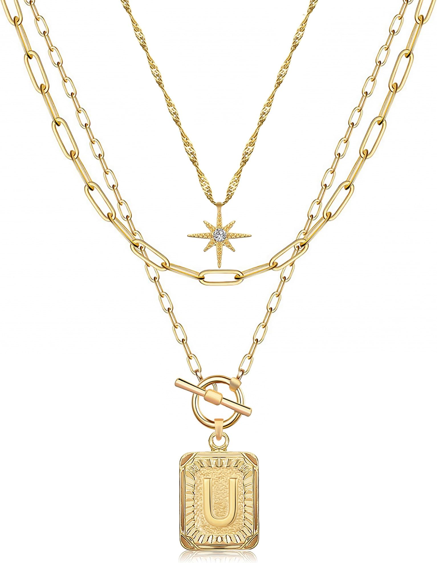 MJartoria Layered Initial Necklaces for Women Trendy, 14K Gold Plated Brass Simple Star Choker Square Letter Pendant Necklace, Paperclip Chain Necklaces Jewelry Gifts