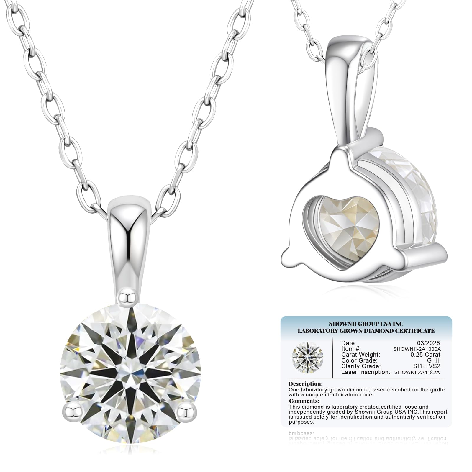 shownii LAB GROWN Diamond 0.25CT Round Pendant Necklaces for Women 14K