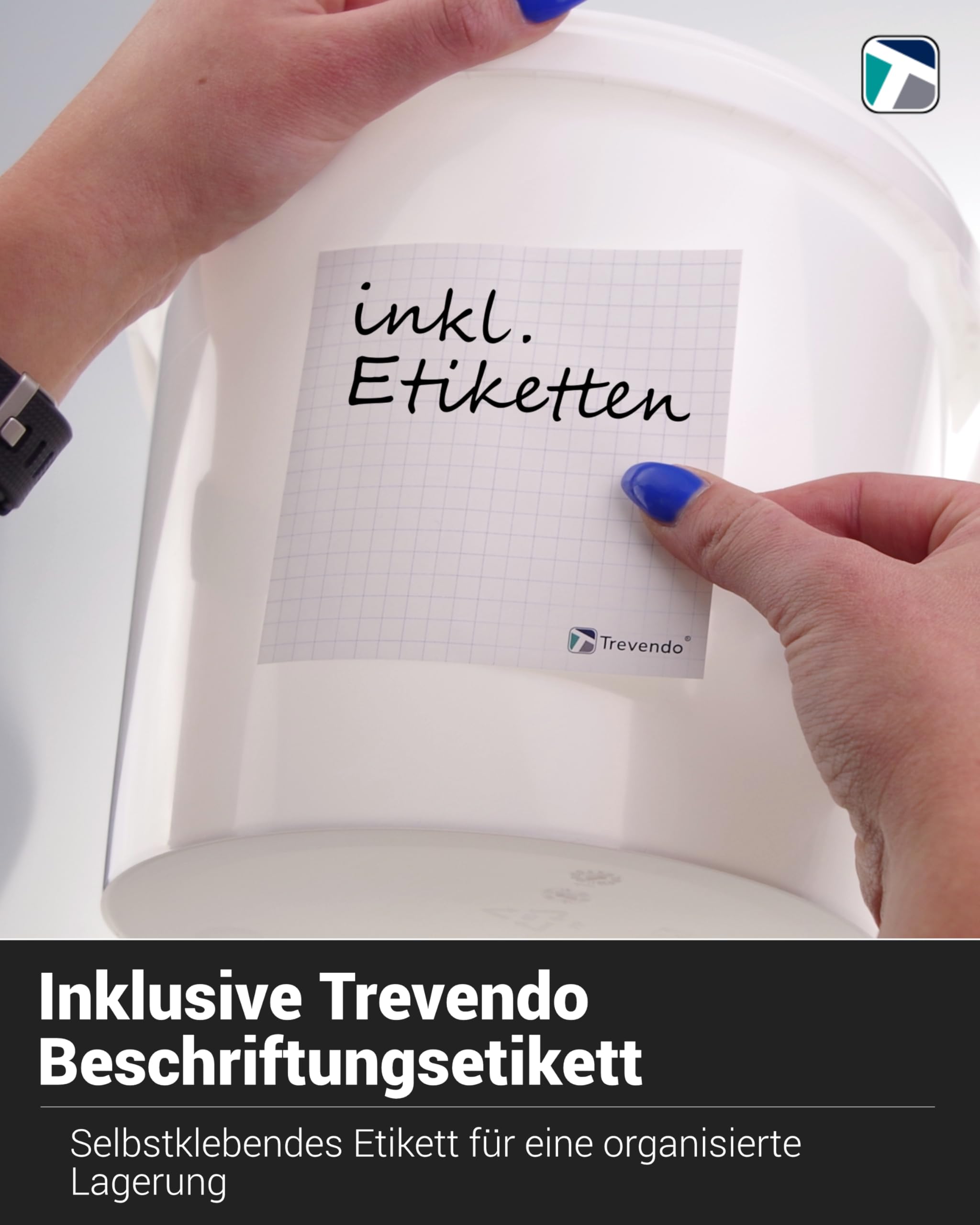 Trevendo 33 Liter Hobbock mit Deckel und Griffmulde, lebensmittelecht - luftdicht - stabil - stapelbar - Leereimer zur sicheren Lagerung inkl. Trevendo Beschriftungsetikett
