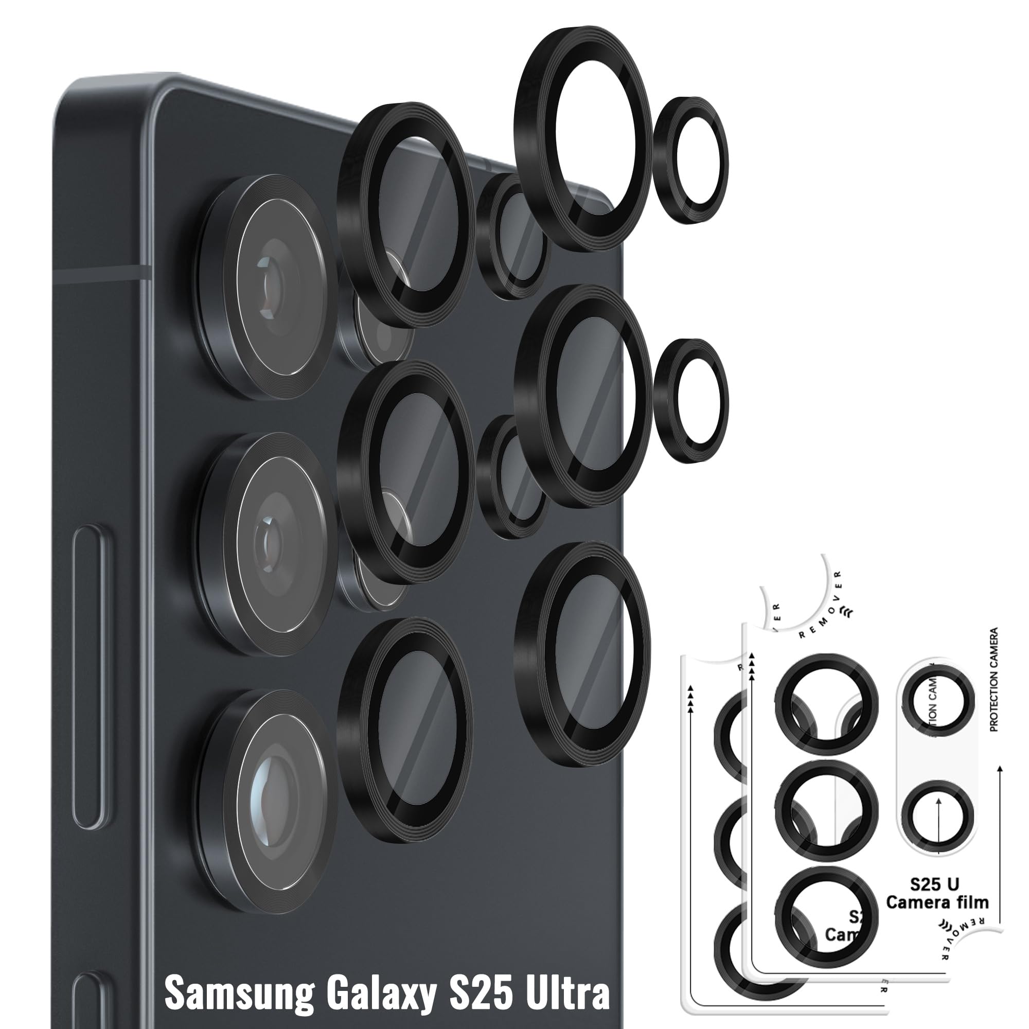 Orzero 9H Glass Camera Lens Protector for Galaxy S25 Ultra-Black, 2 Set