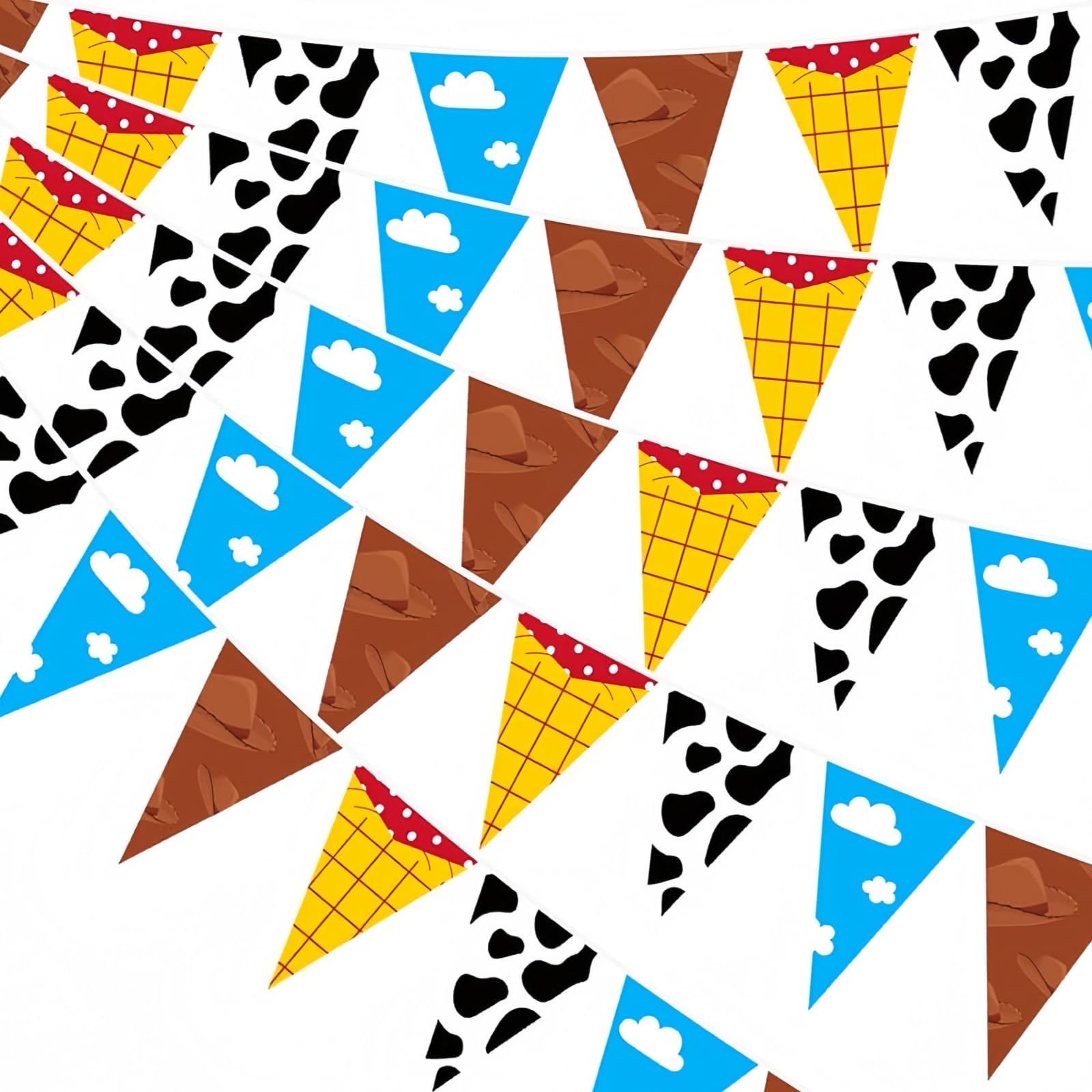 5PCS Cartoon Story Party Banners, Cute Party Bunting Decorations, Colorful Triangle Flag Banner, Blue Sky White Cloud and Cow Print Cartoon Pennant Decorations for Baby Shower Birthday Party