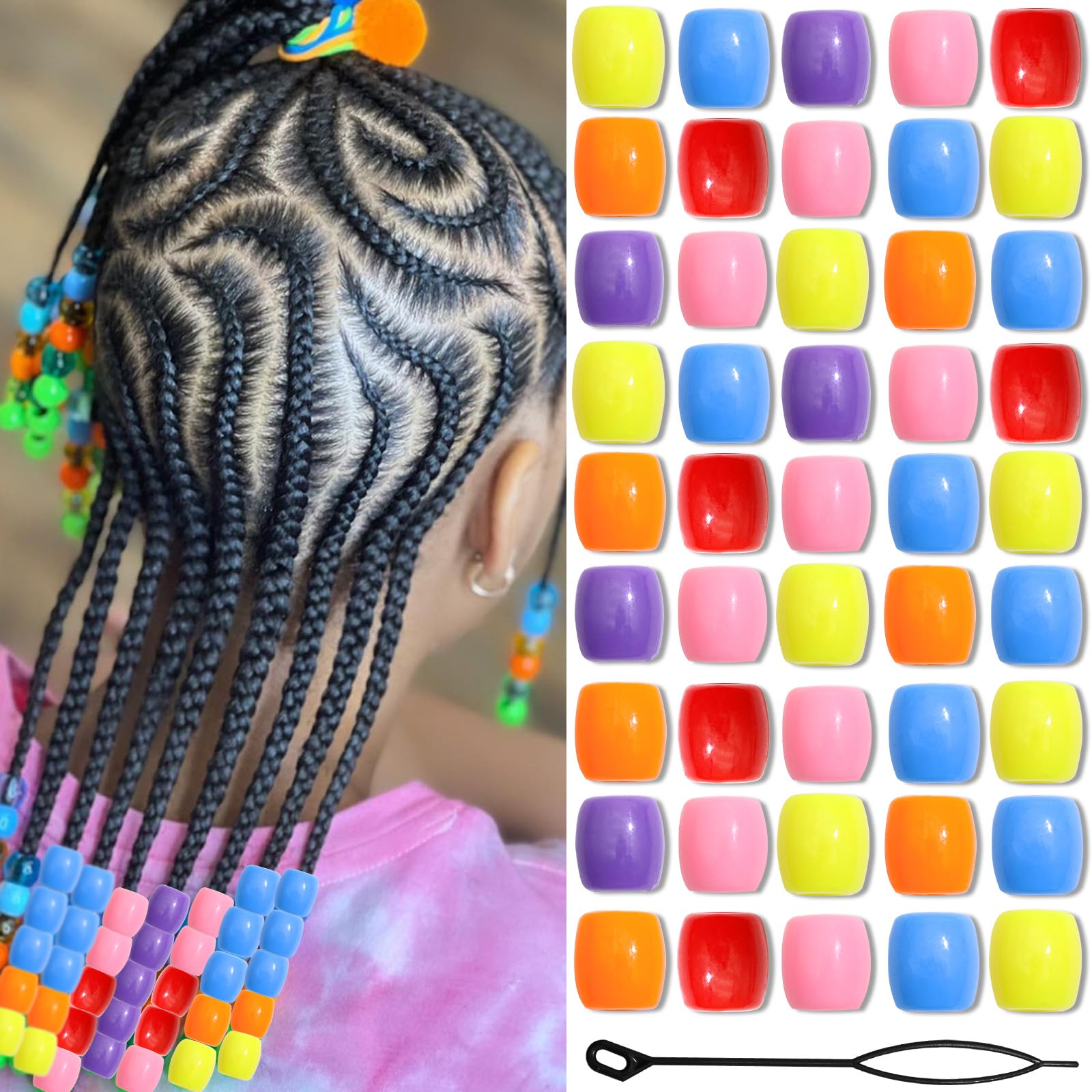 VENOFEN 48PCS Mixed Color Hair Beads Loc Dreadlock Jewelry Cute Hair Tube Beads for Braids Acrylic Pony Bead Accessories Hair Decoration for Girls