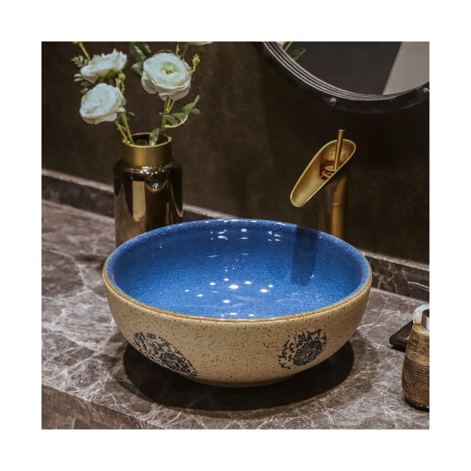 Aioneer Bathroom Sink Hand Wash Basin Round Household Bathroom Countertop Basin Ceramic Art Sink Vintage Washbasin Lavatory Vanity