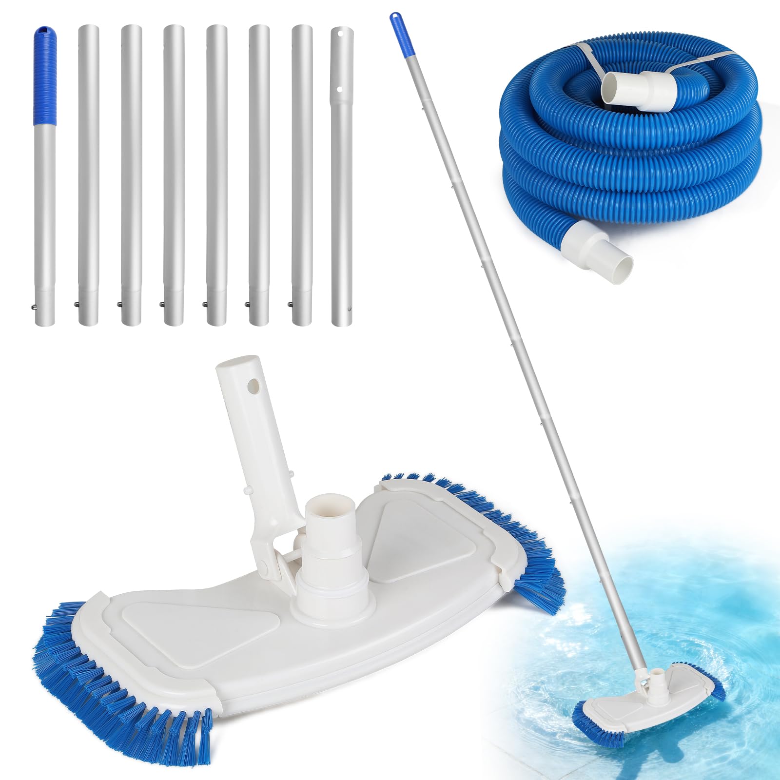 EFUTURETIME Manual Pool Vacuum Cleaner with Side Brushes and 7.5 m Hose (38 mm Diameter), with Detachable Telescopic Pole of 2.7 m