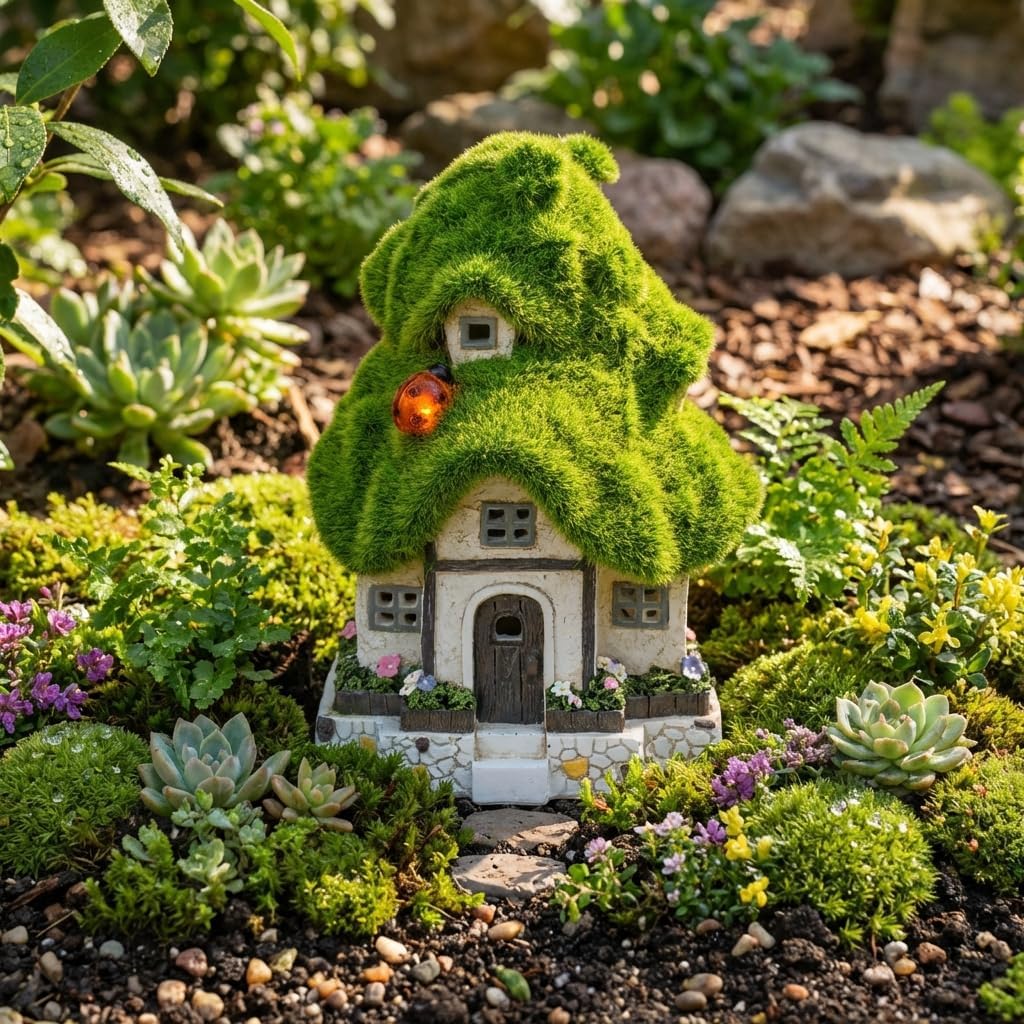 TERESA'S COLLECTIONS Flocked Garden Statue and Figurine Fairy House with Solar Outdoor Lights, Resin Garden Decor Outdoor Statues Garden Cottage Yard Decor Porch Lawn Ornaments Gifts for Mom, 7.4"