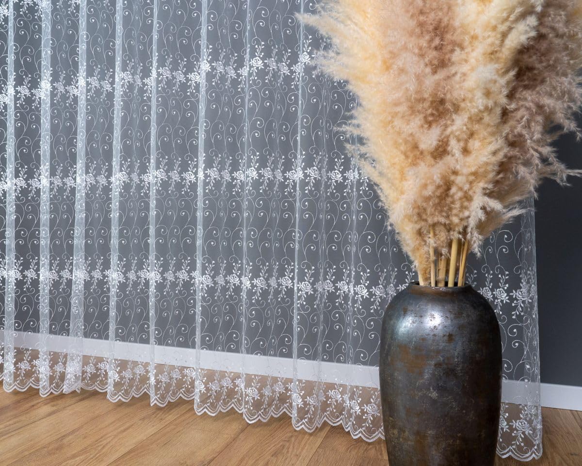 Weiß Jacquard 600x280 cm (BxH) Gardine Lobato für Wohnzimmer, Fertiggardine mit Kräuselband, Hochwertige Markisette mit Weißer Stickerei, Pflegeleicht und Bügelfrei