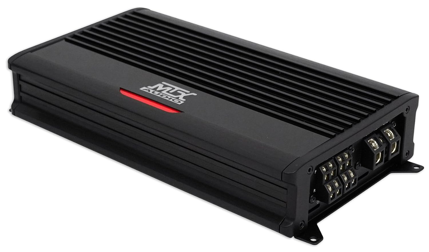 Angled view of MTX Audio THUNDER75.4 amplifier showing connections