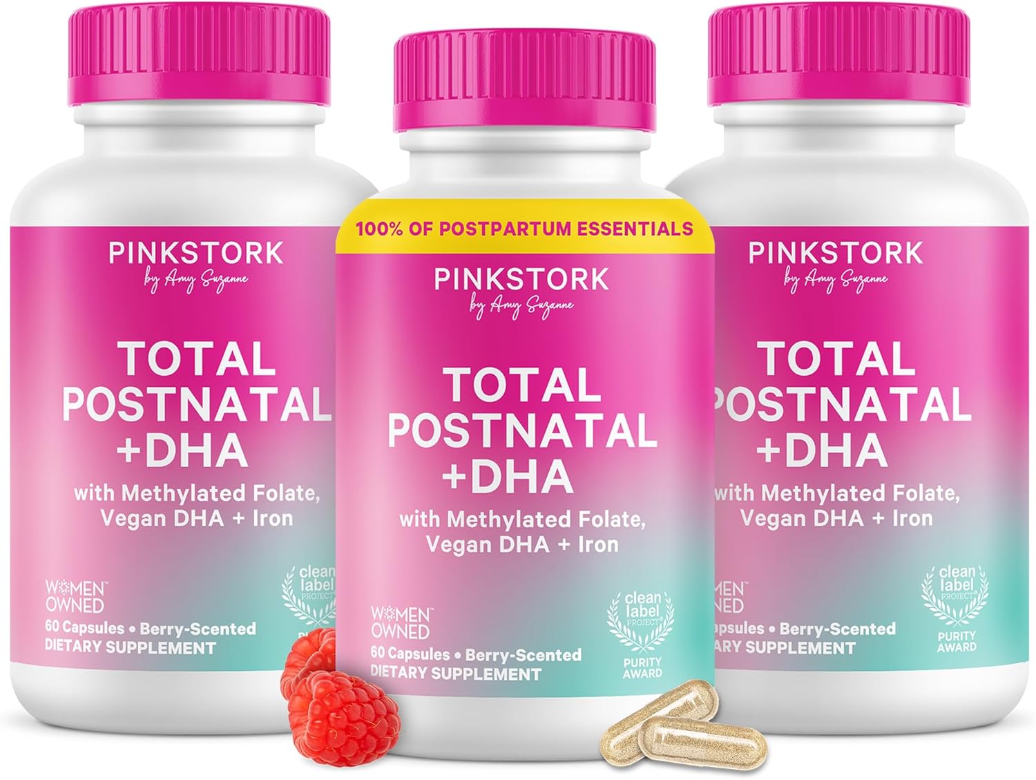 Pink Stork Total Postnatal Vitamins for Women | Vegan DHA, Iron, Folate, B12 | Postpartum Recovery Essentials | Lactation Support for Breastfeeding Moms | Third-Party Tested - 60 Capsules, Berry