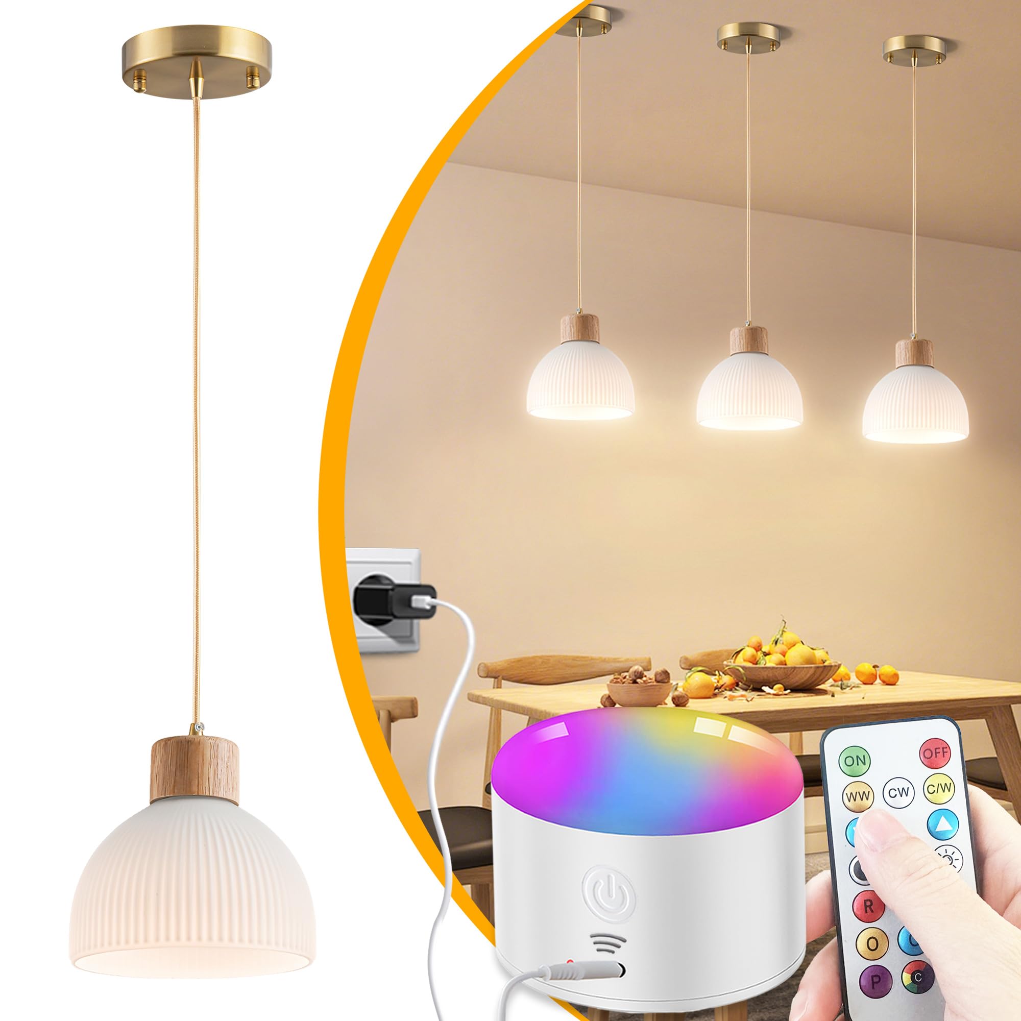 Photo 1 of 1 Pack Battery Operated Pendant Light, Rechargeable ceiling Light With 10000mAh Detachable Magnetic Bulb, wireless chandelier with remote, RGB Dimmable hanging light fixtures for Kitchen Island Decor