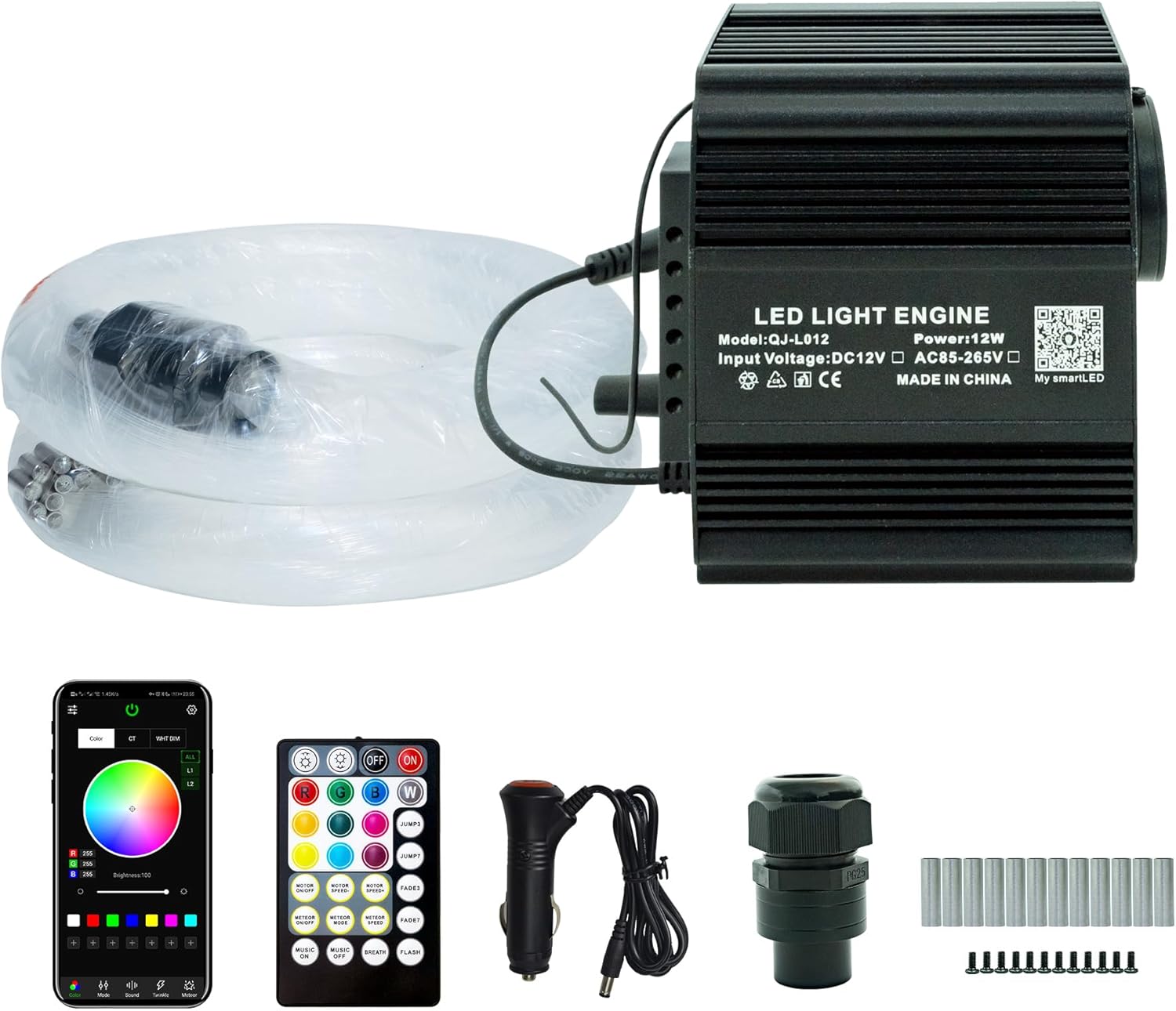 12W RGBW Twinkle&Meteor 2 in 1 LED Fiber Optic Starlight Headliner kit with Remote/Bluetooth APP Controlled for Car or Home (Fibers:240pcs Meteor+300pcs*0.03in*9.8ft/3m)