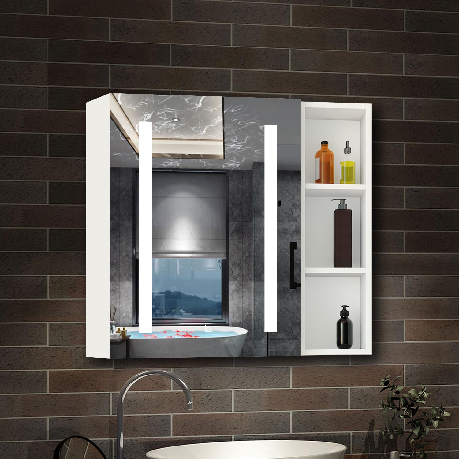 AICA Armoire de Toilette avec Miroir LED et Étagère Latérale, Anti-Buée, Éclairage 3 Couleurs + Prise, Blanc 60x70 cm