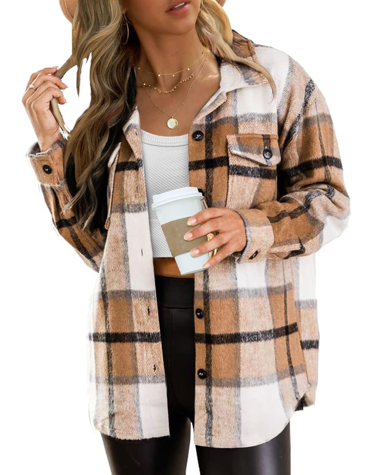 Womens Flannel Shacket Plaid Button Down Long Sleeve Shirts Jacket Coats Fall Outfits Fashion Clothes 2025