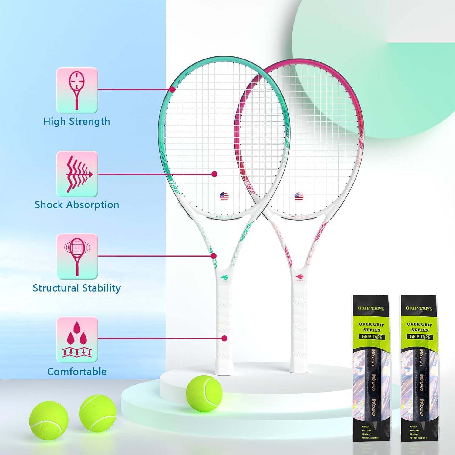 Adult 2 Player Tennis Racket Perfect for Beginner and Professional Players, 27” Speed Tennis Racquet Include Tennis Balls, Overgrips, Tennis Bag, Vibration Dampe, Cover