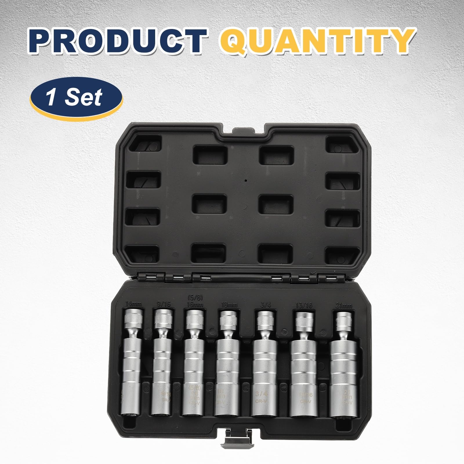QUARKZMAN 7 Pezzi Set Presa Candele 3/8" Drive 4/16/18/21mm 9/16" 3/4" 13/16" Snodo Magnetico 12 Punti Parete Sottile Presa Candele con Snodo A 360 Gradi CR-V Acciaio, Argento