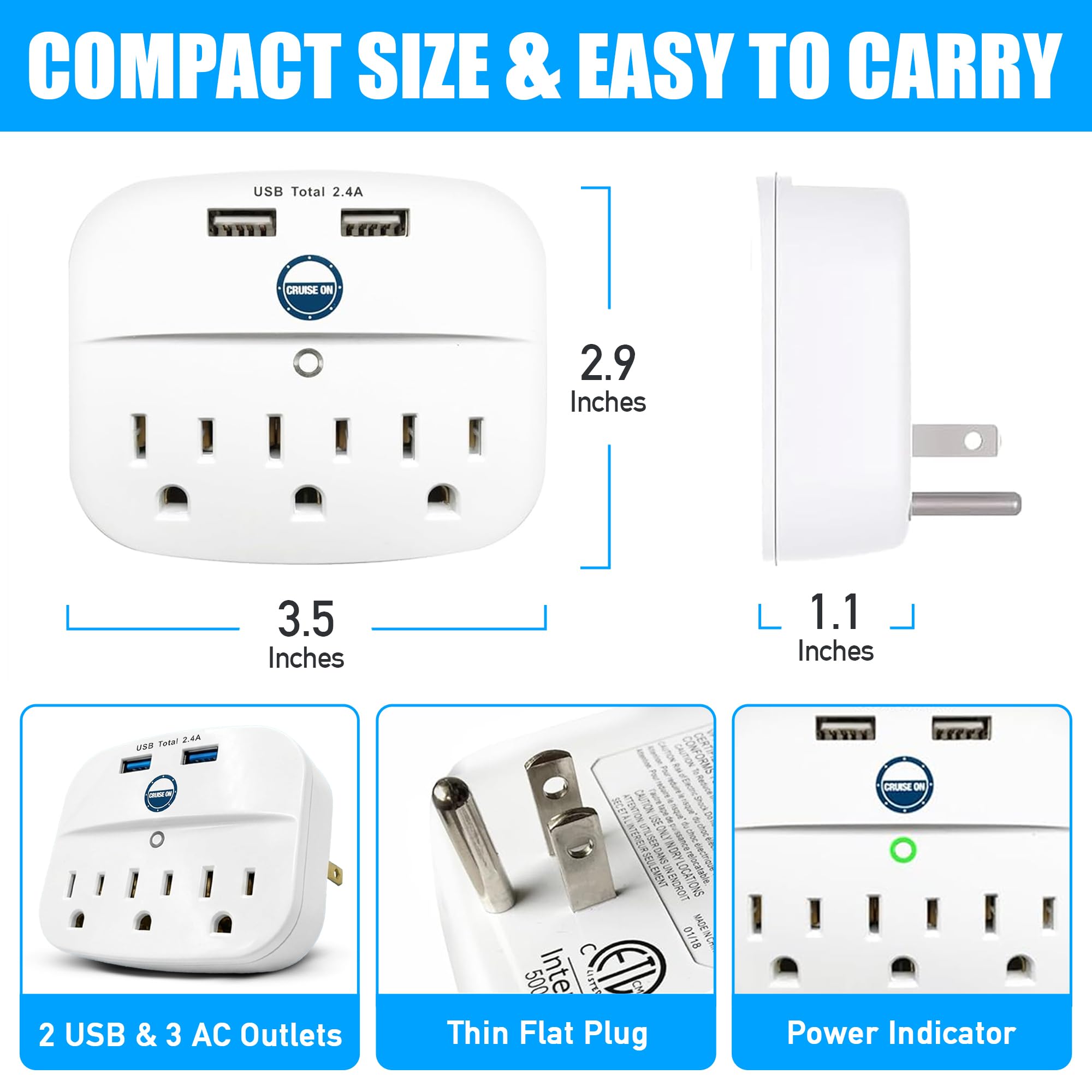 Cruise On Non Surge Cruise Approved Power Strip, Essentials [2 USB, 3 AC] — Amazon image 5
