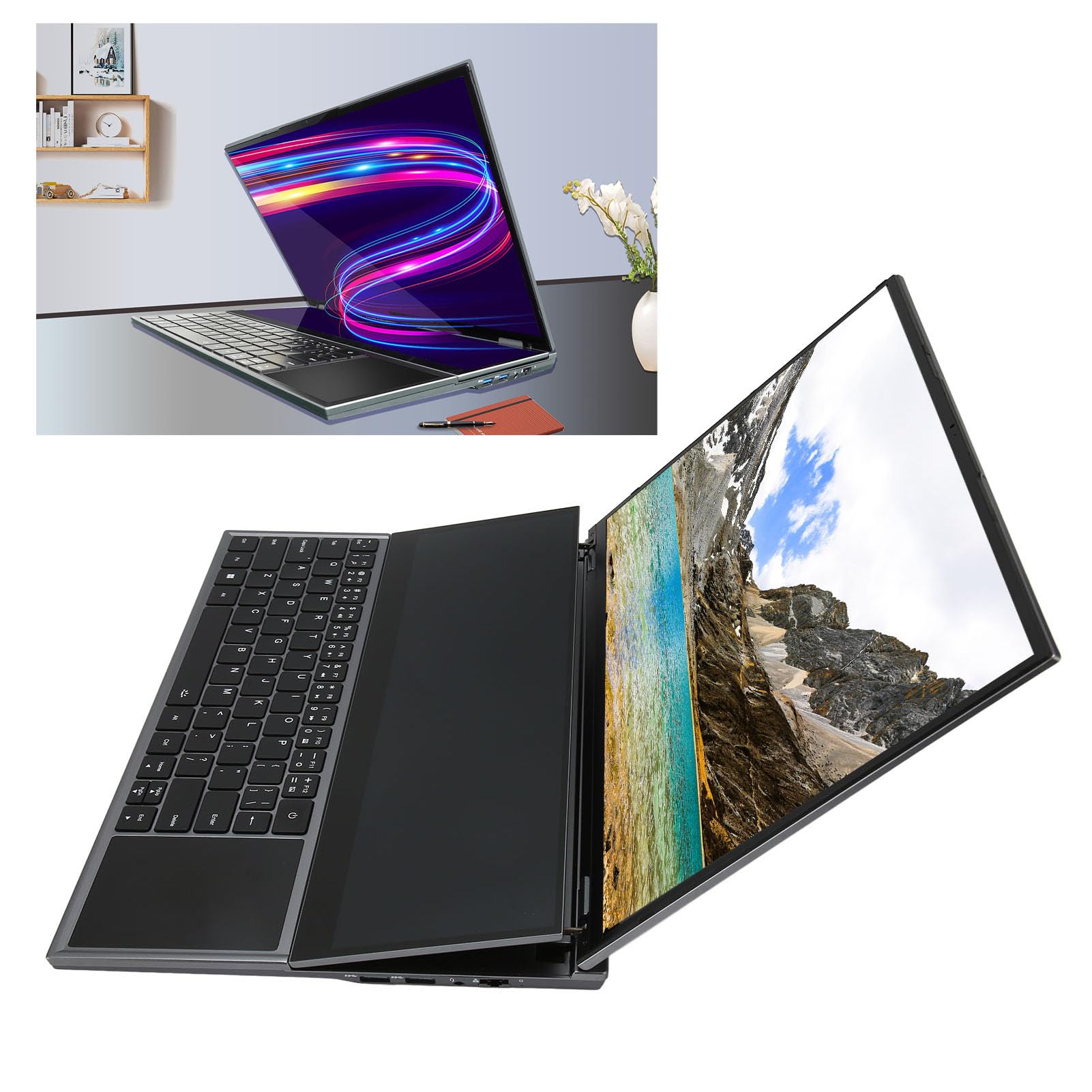 Laptop z Podwójnym Ekranem 16 Cali 1920x1200 HD Laptop, I9 10885H Procesor 16 GB Pamięci RAM, Panel Dotykowy Ekranu Głównego, Znakomity Ciemnoszary (16 GB+256 GB wtyczka UE)
