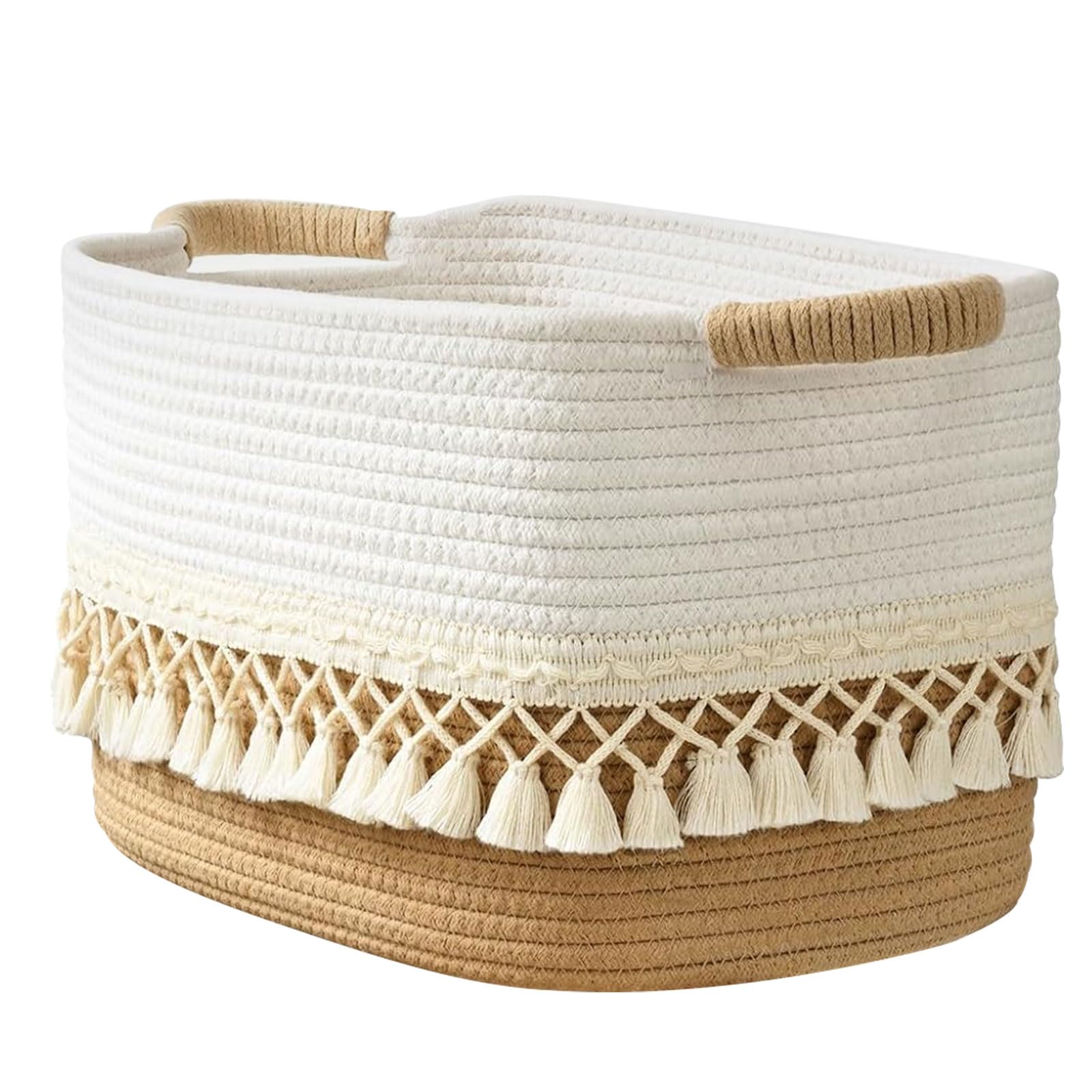 Storage Basket 38X26X22cm - Rope Woven Basket with Handle & Tassels, Small Blanket Basket for Bathroom Living Room Shelves