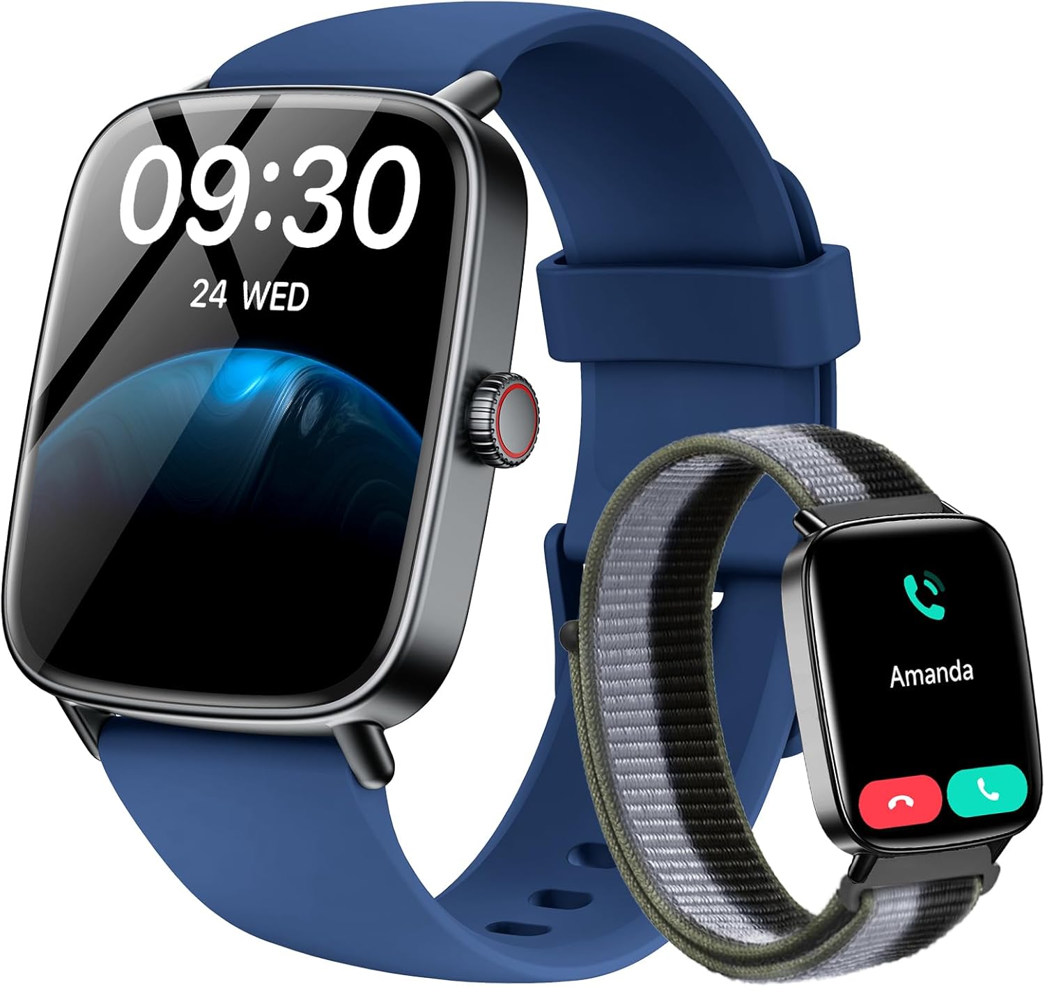 Smart Watch for Women/Men Android & iPhone, 1.85″ Touch Screen Fitness Tracker with Answer/Make Call, IP68 Waterproof 24/7 Health/Sleep Monitor, Pedometer, 100+ Sport Modes (2 Bands), Dark Blue