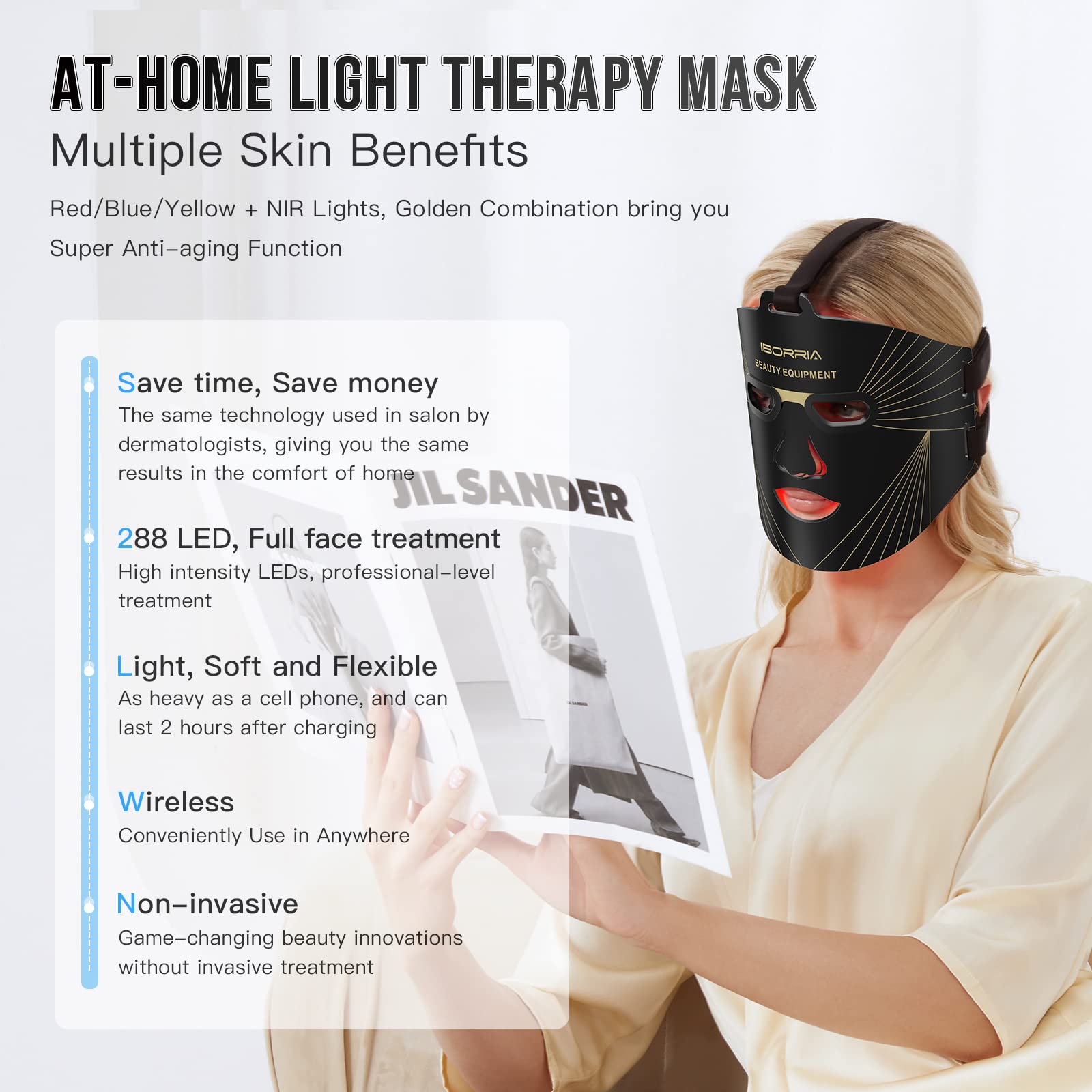 IBORRIA Maschera LED per il Viso, Terapia della Luce Rossa, 3 Colori con Luce nel Vicino Infrarosso, Dispositivo per la Cura per Tutti i Tipi di Pelle a Casa (Nero)