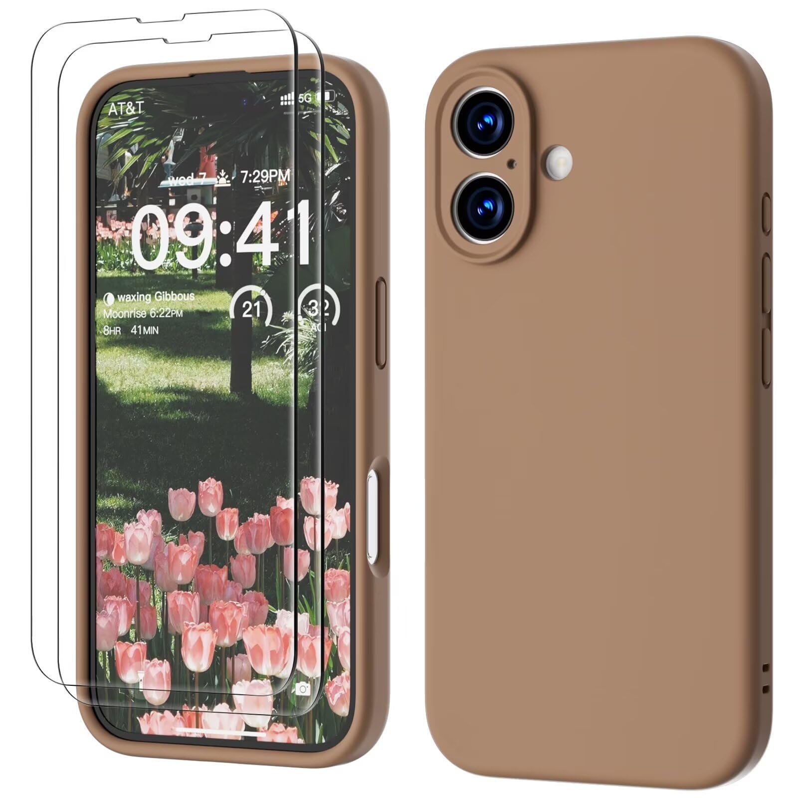 GOODVISH 3 in 1 Silicone Cover per iPhone 16 6.1", Custodia con 2 Pellicola Vetro Temperato [Protezione Fotocamera] 360° Protezione Anticaduta Case per Cellulare Antiurto Resistente, Cachi